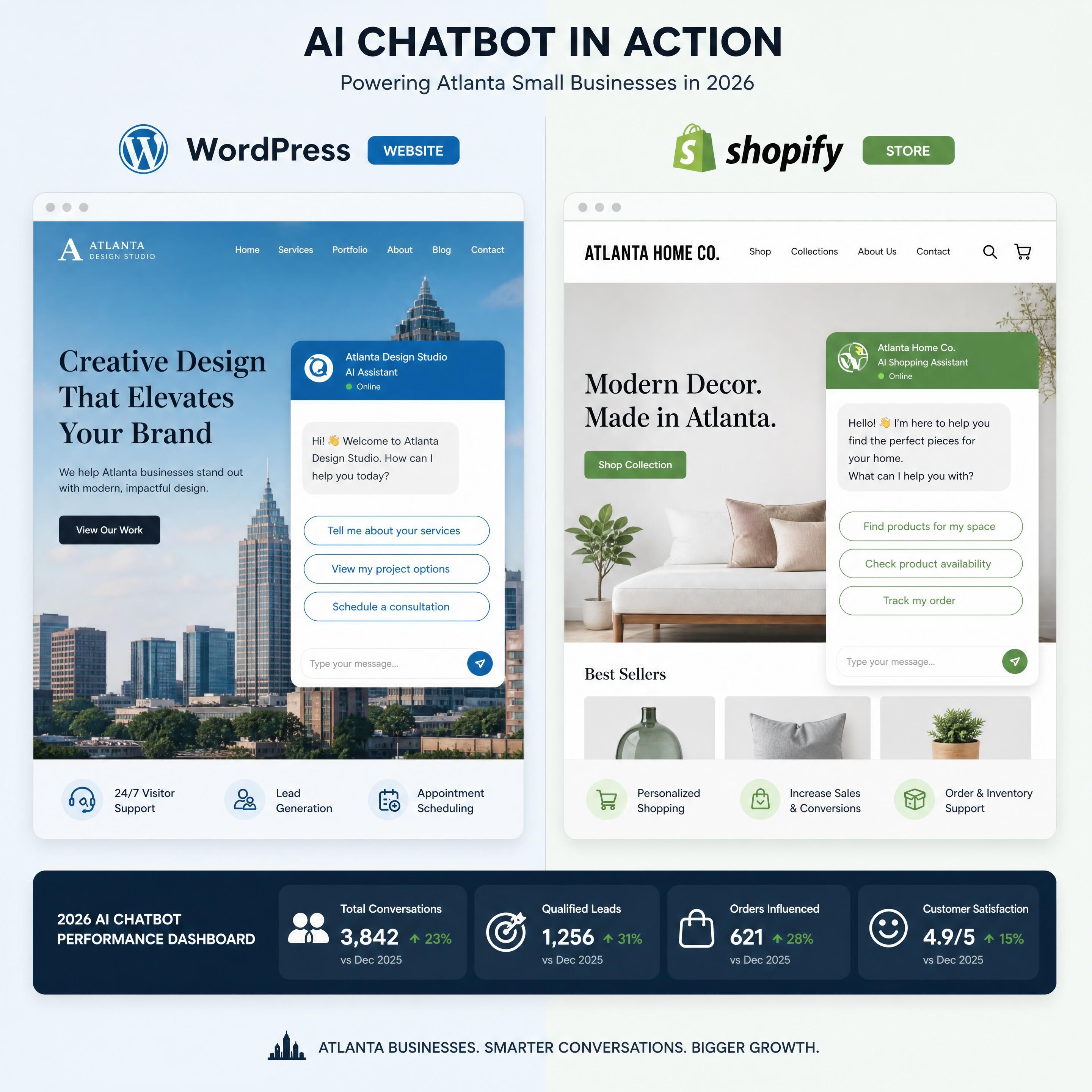 Split screen showing AI chatbot interface on WordPress website and Shopify store for Atlanta small business, 2026 dashboard view