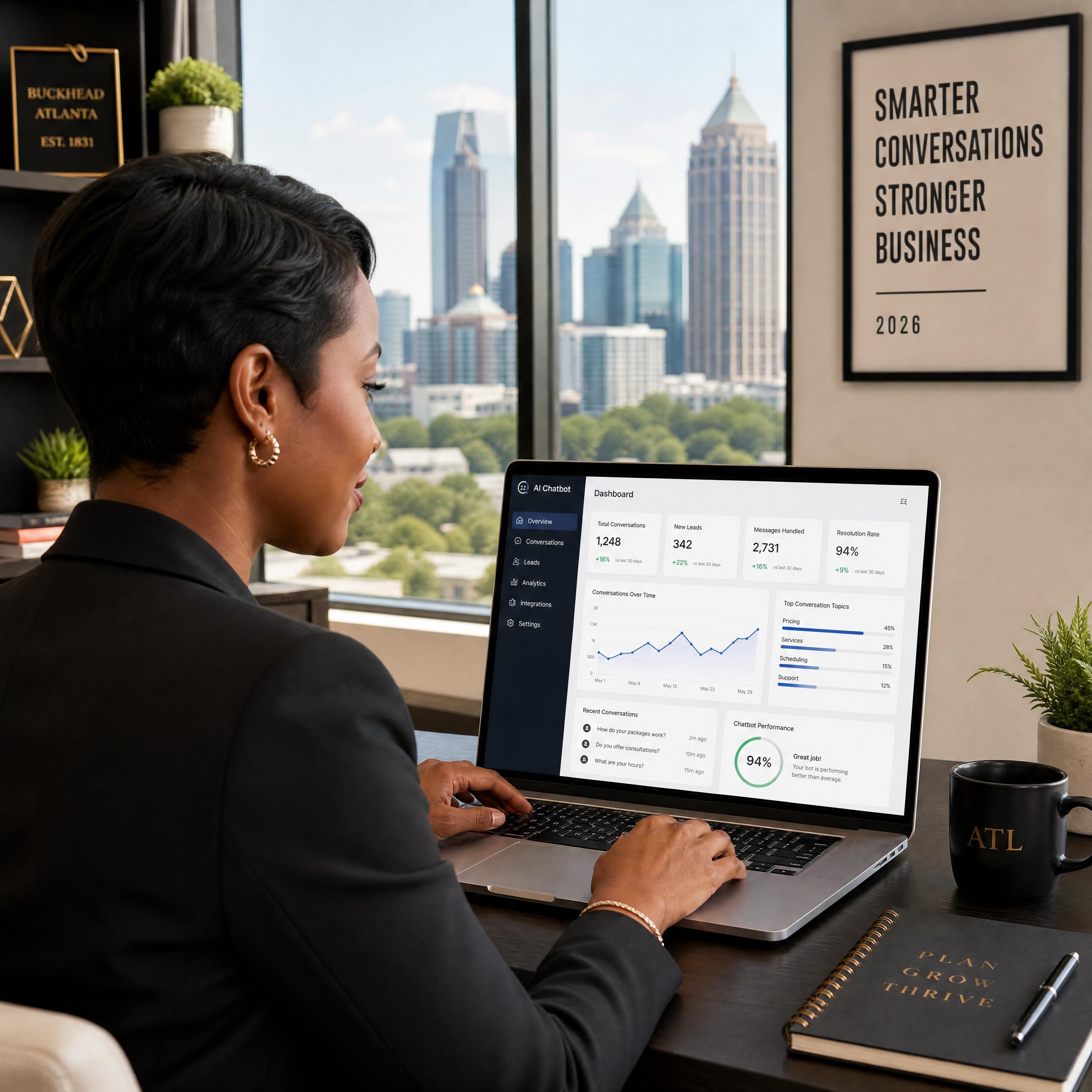 Atlanta small business owner reviewing AI chatbot dashboard on laptop in Buckhead office, 2026