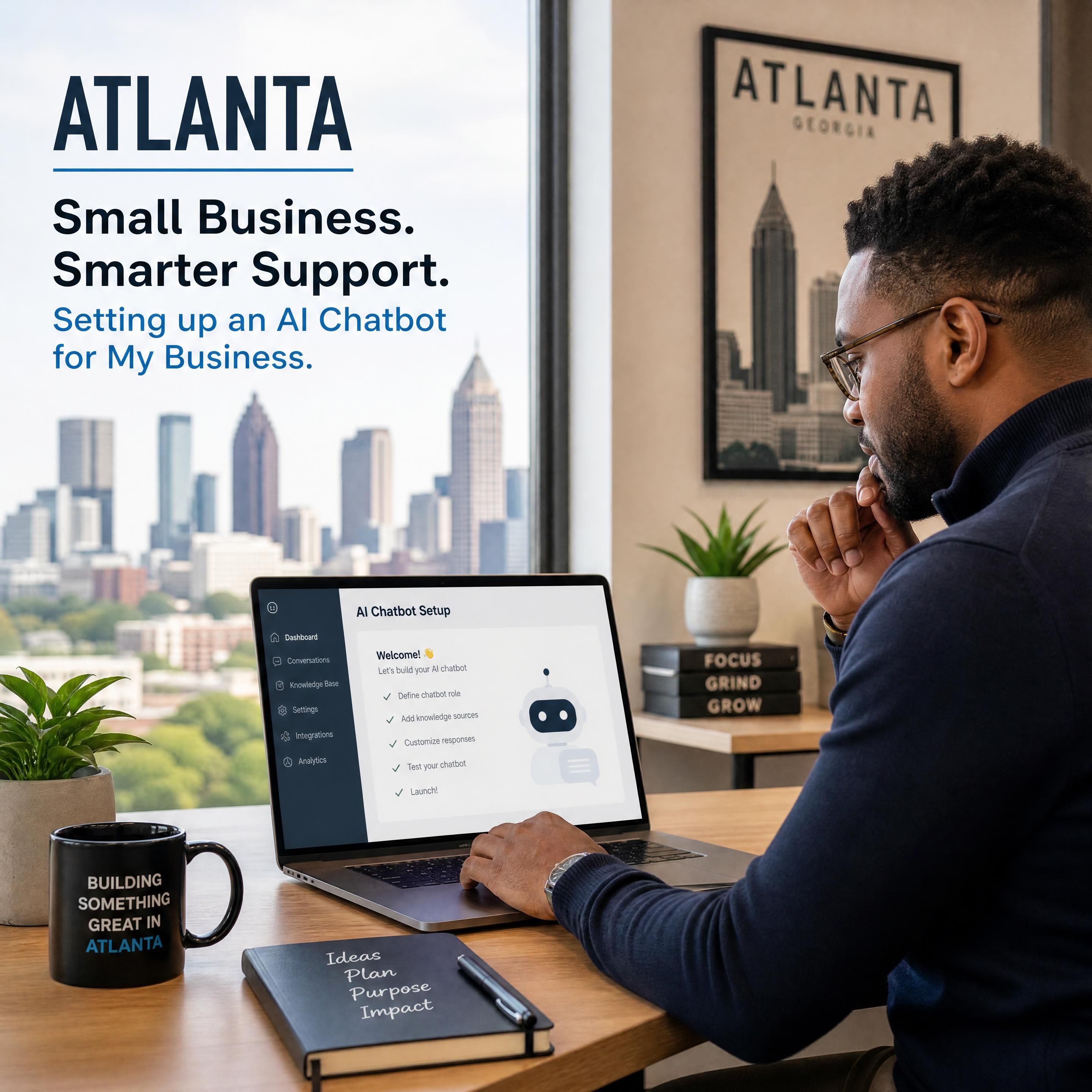 Atlanta small business owner setting up an AI chatbot on a laptop in a modern Midtown office