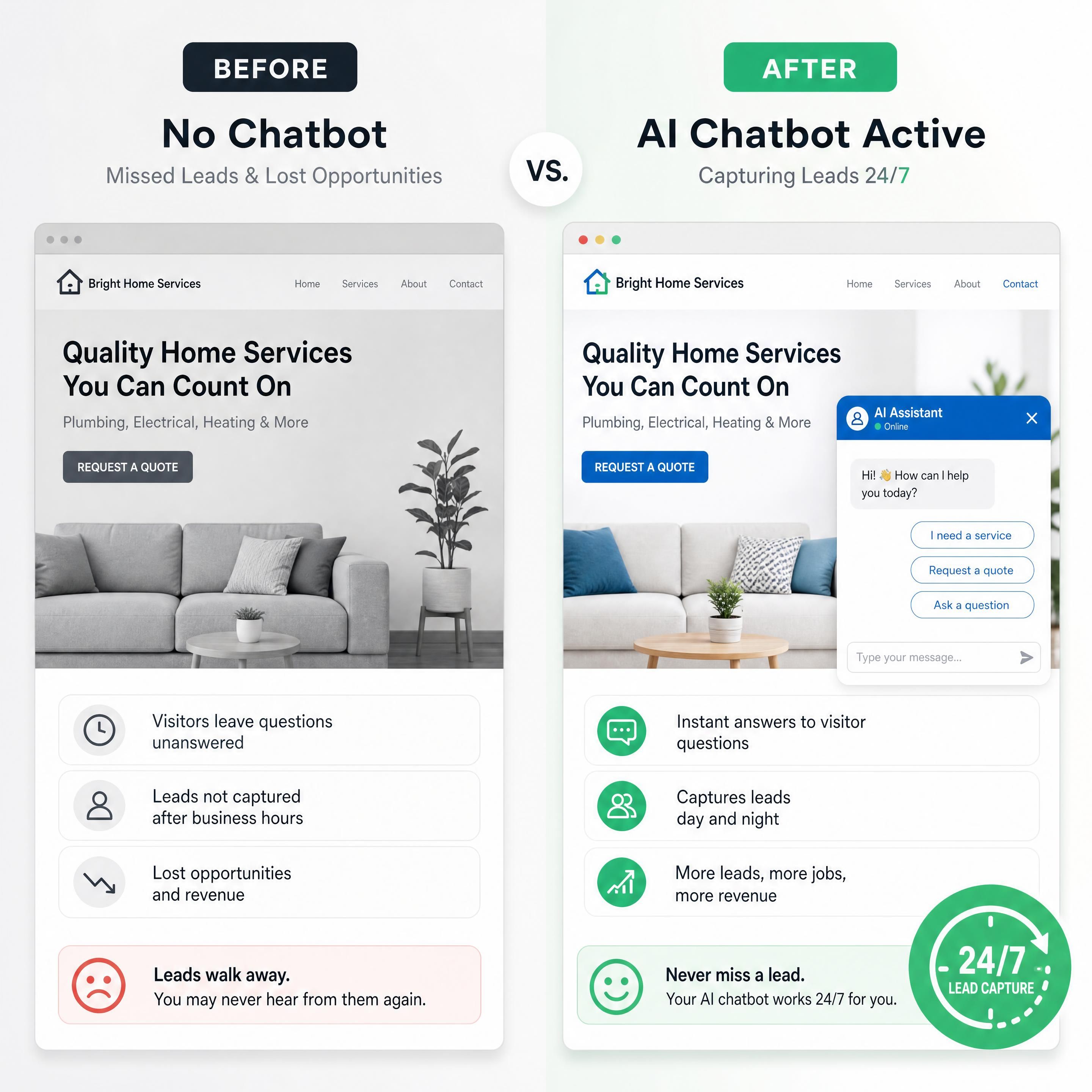 Before and after comparison showing a small business website without a chatbot versus with an active AI chatbot capturing leads 24/7