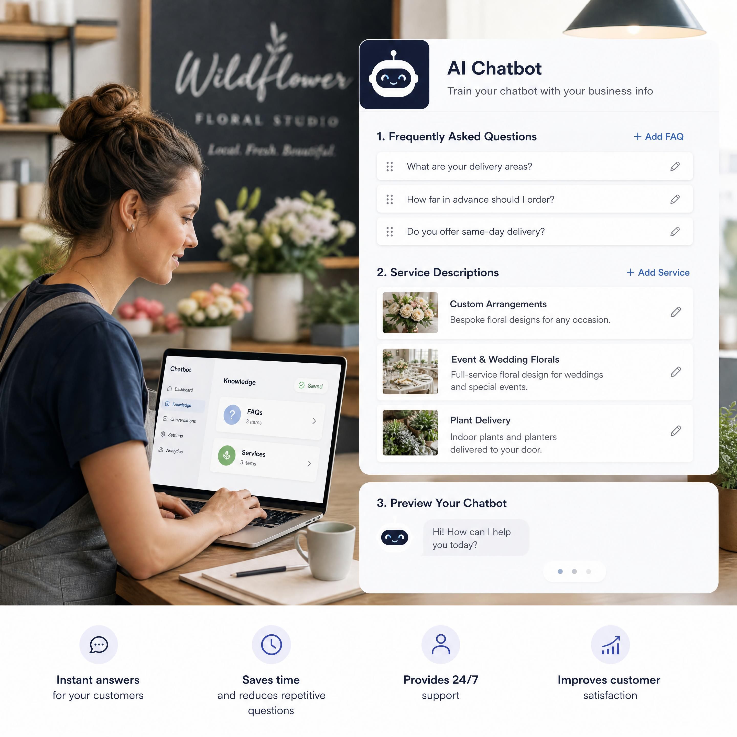 Small business owner training an AI chatbot with custom FAQs and service descriptions in a chatbot dashboard