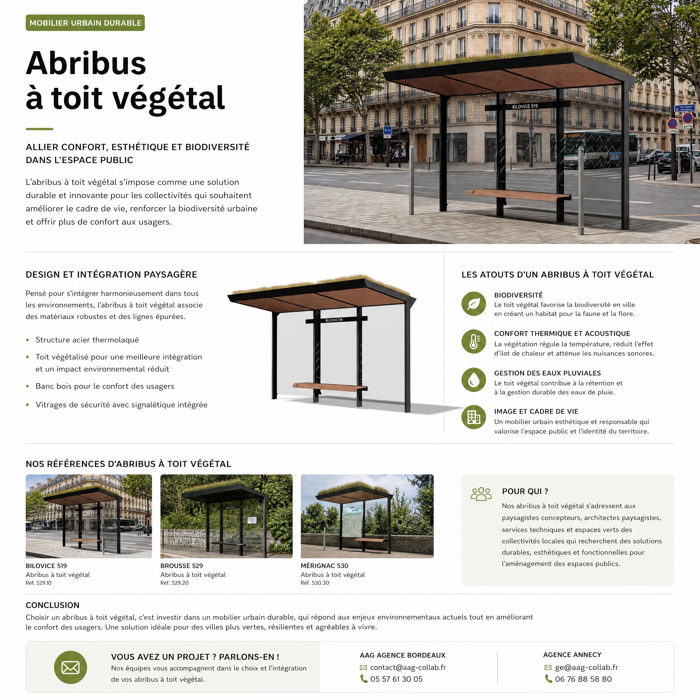 Abribus avec toit végétalisé en milieu urbain, structure acier et toiture couverte de sedums, mobilier urbain durable pour collectivités