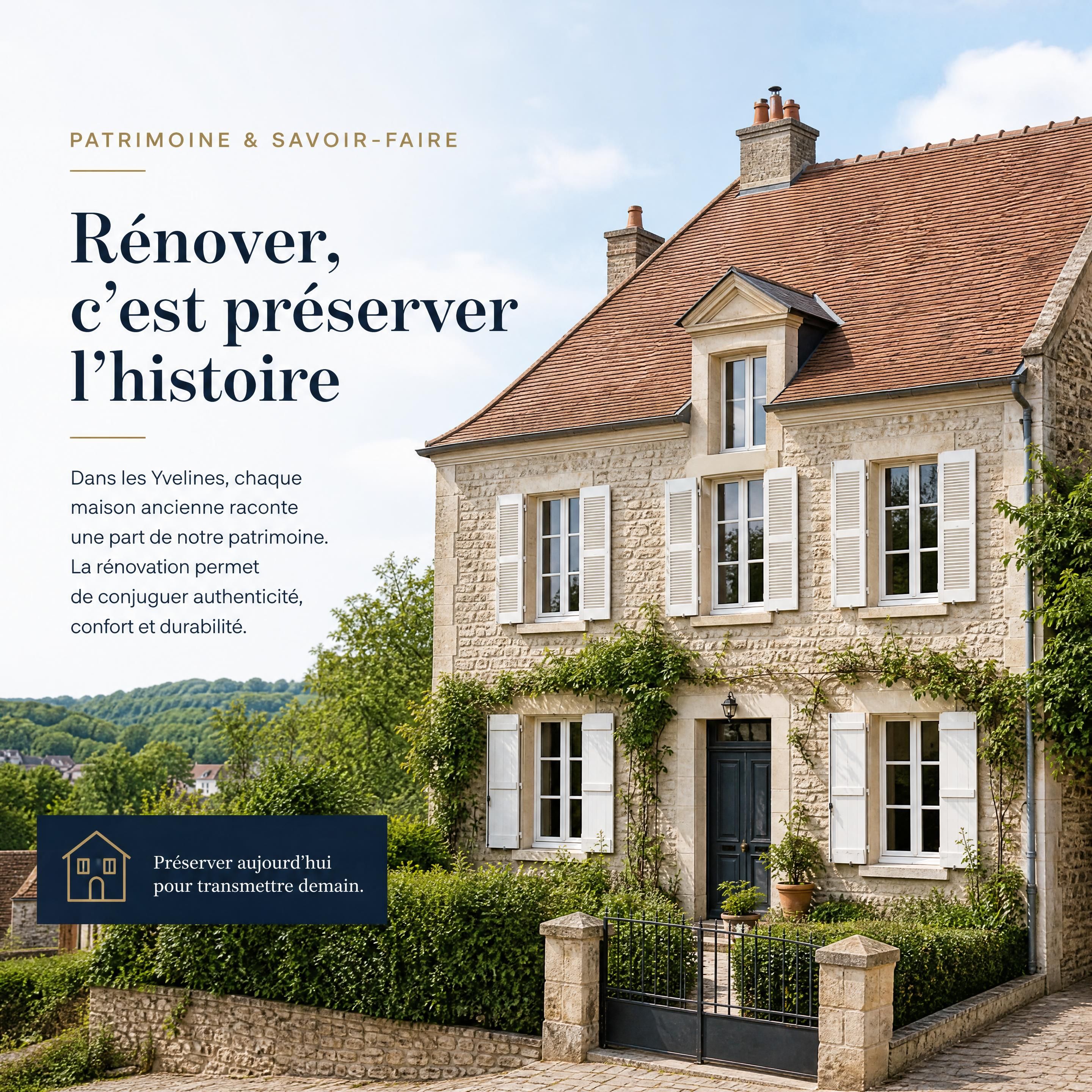 Maison ancienne rénovée avec toiture et façade restaurées dans les Yvelines, montrant l'importance de la préservation du patrimoine architectural
