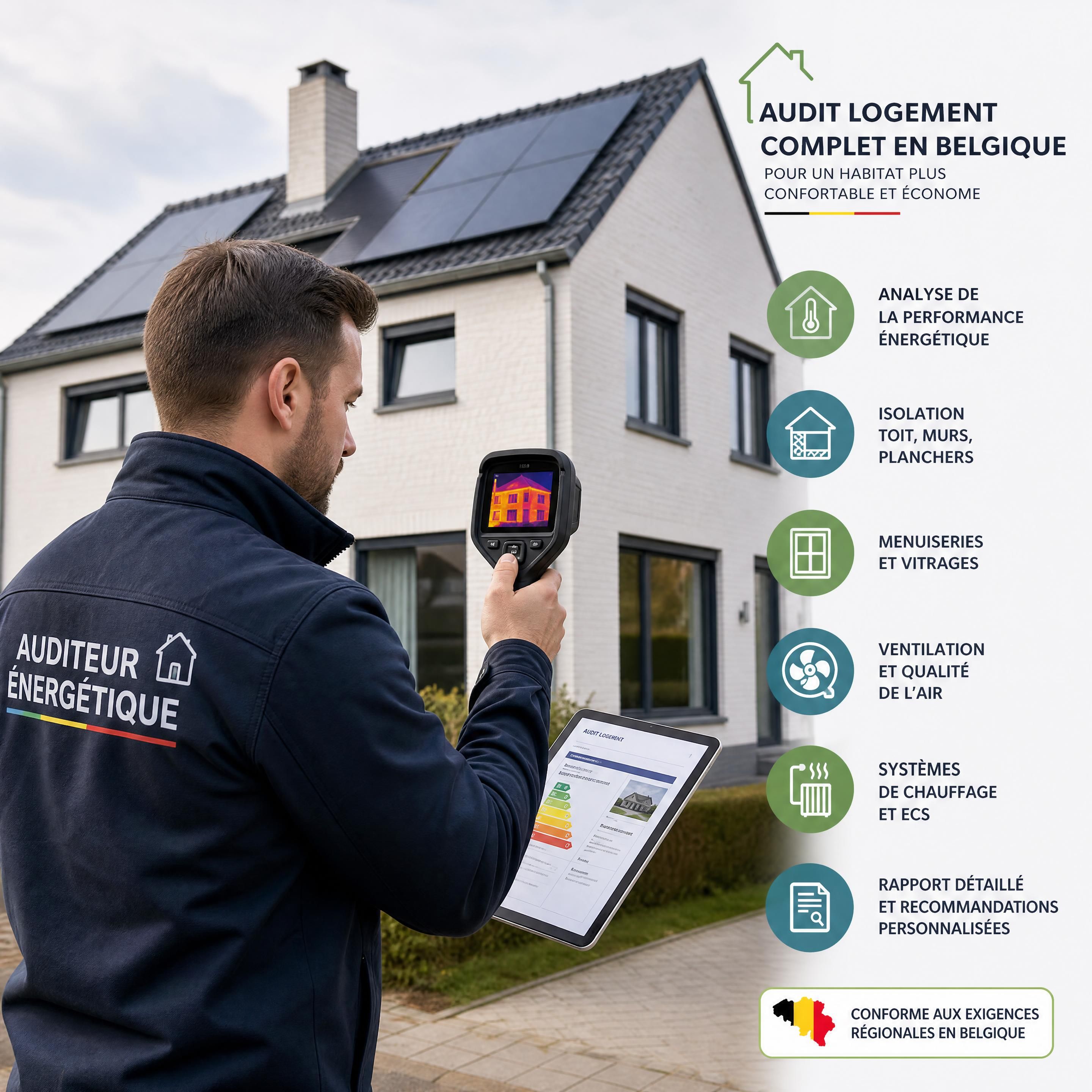 Auditeur énergétique inspectant une maison avec des outils professionnels, représentant un audit logement complet en Belgique