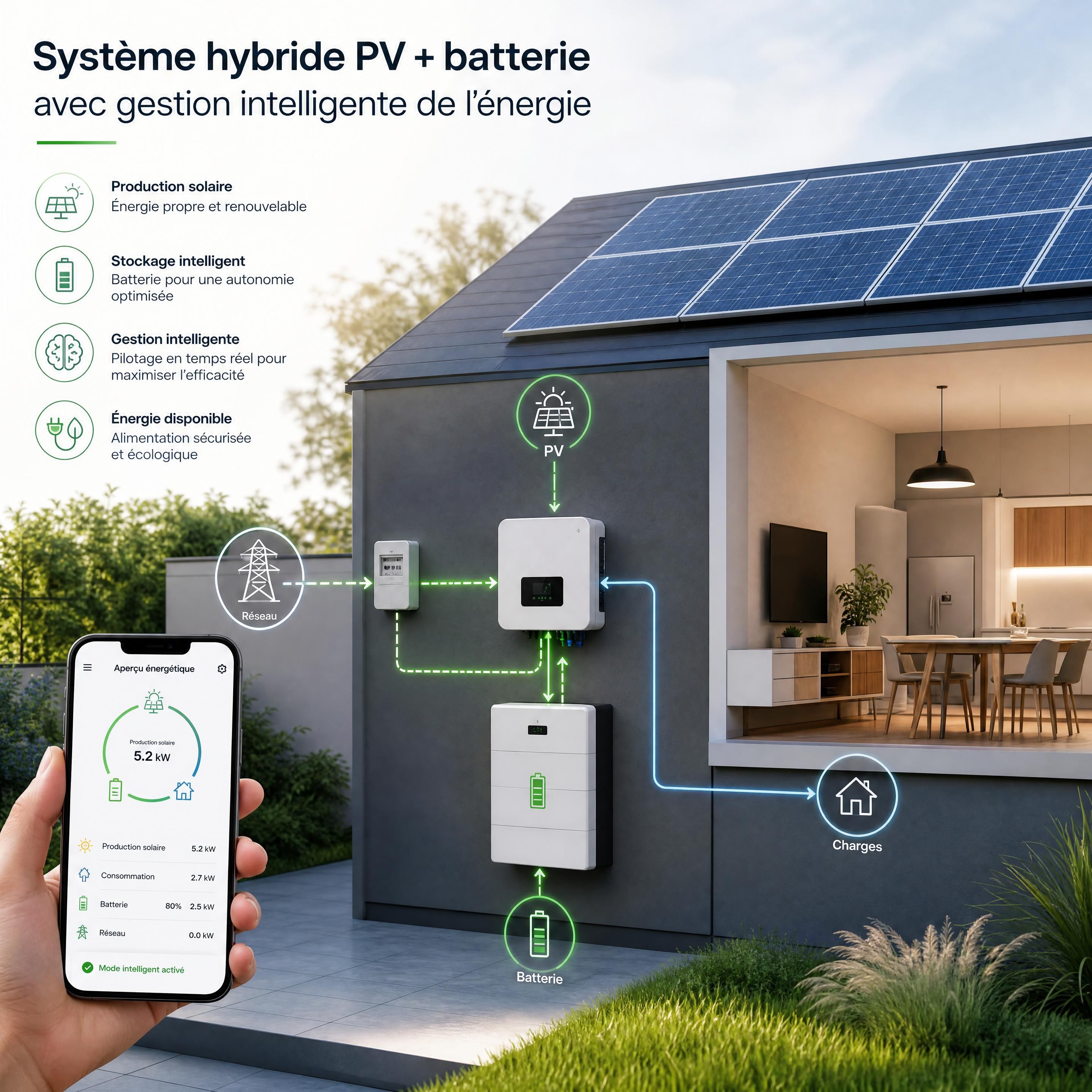 Système hybride PV + batterie avec gestion intelligente de l'énergie