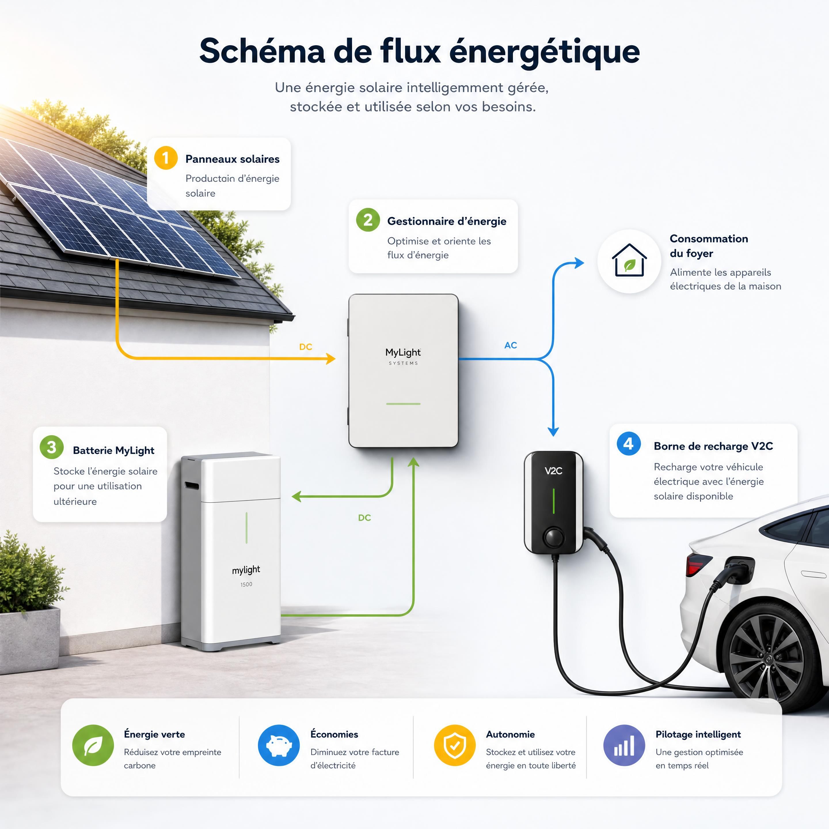Schéma de flux énergétique avec panneaux solaires, batterie MyLight, gestionnaire d'énergie et borne de recharge électrique V2C
