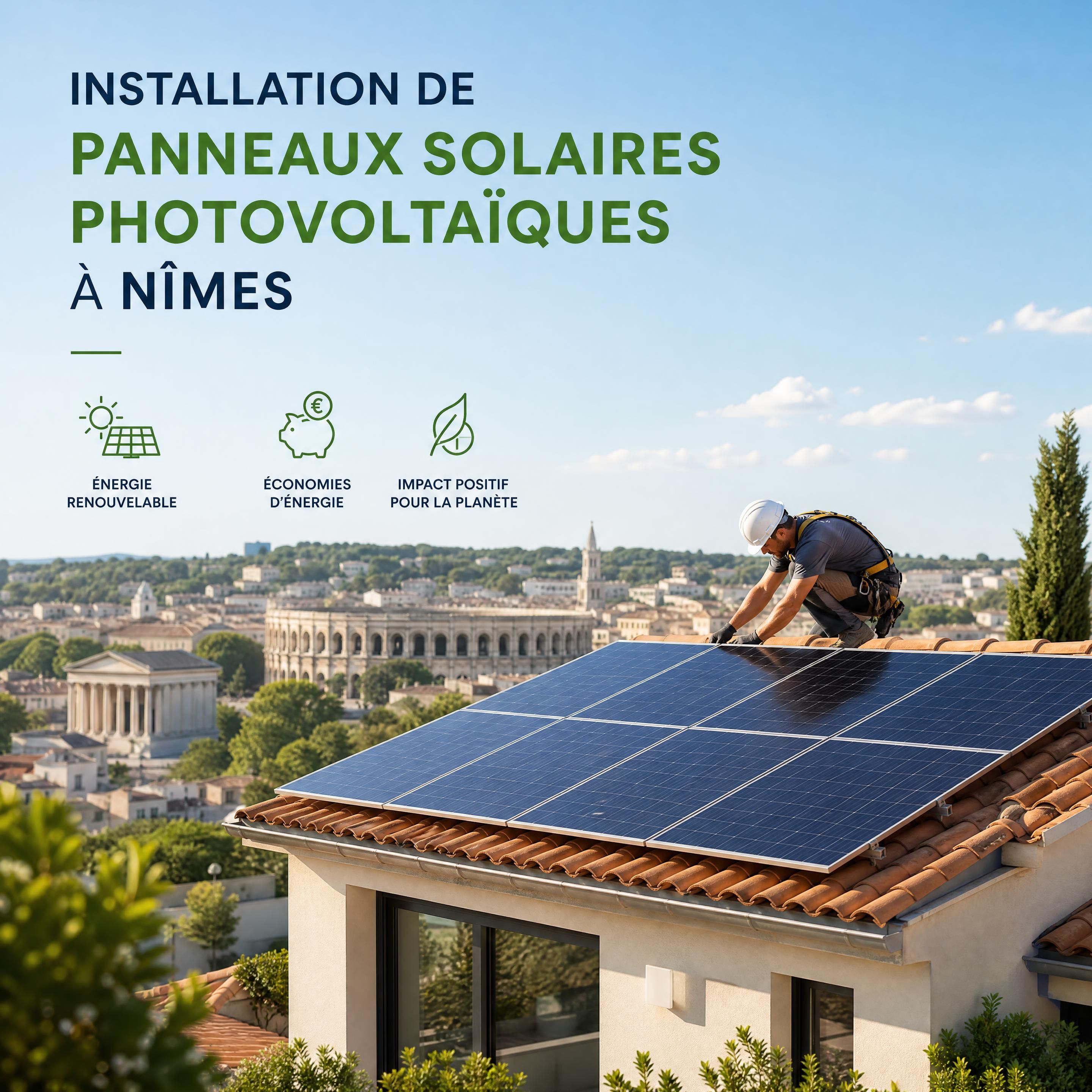 Installation de panneaux solaires photovoltaïques sur toit de maison moderne à Nîmes avec vue sur la ville historique