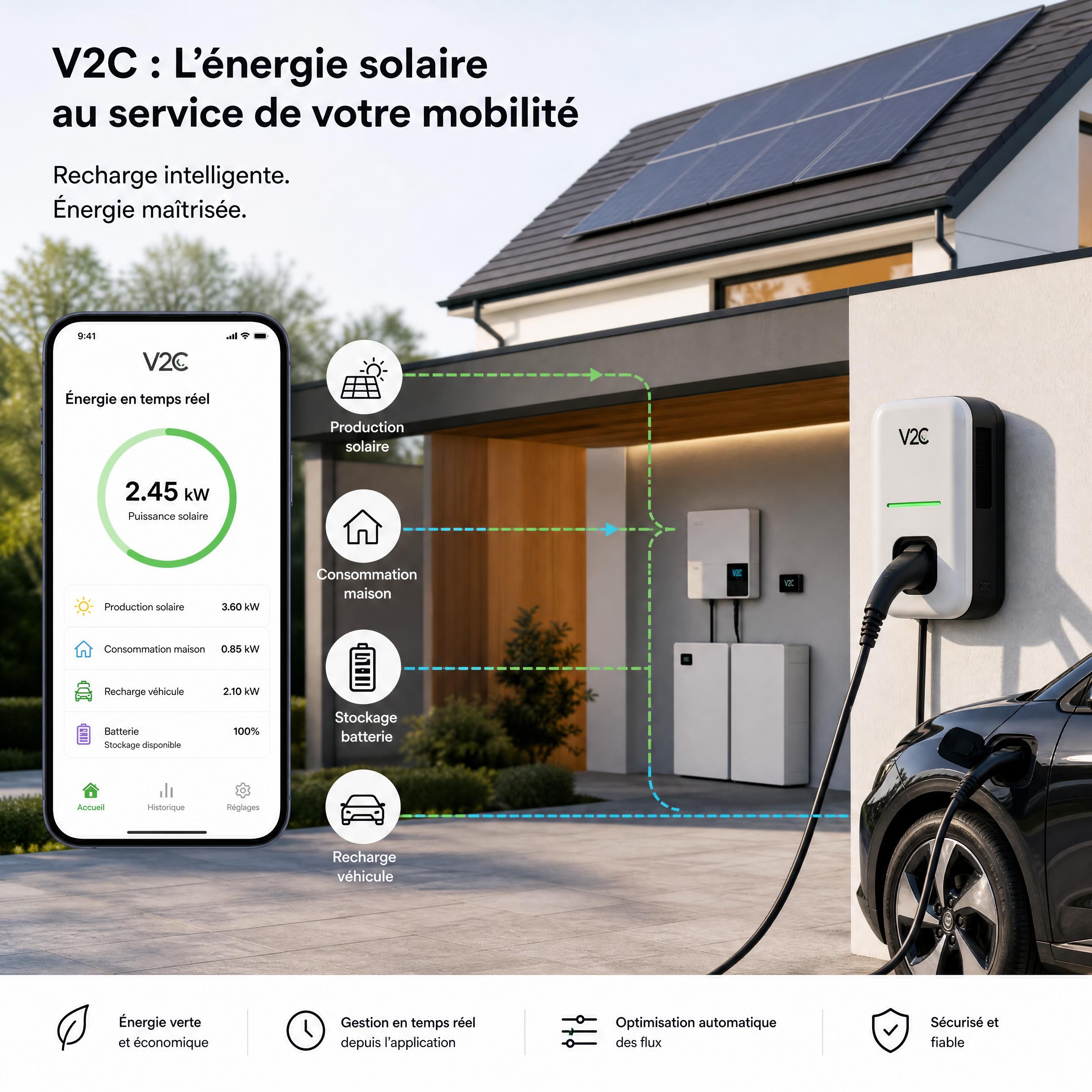 Borne de recharge V2C intelligente intégrée à un système solaire résidentiel avec gestion énergétique en temps réel