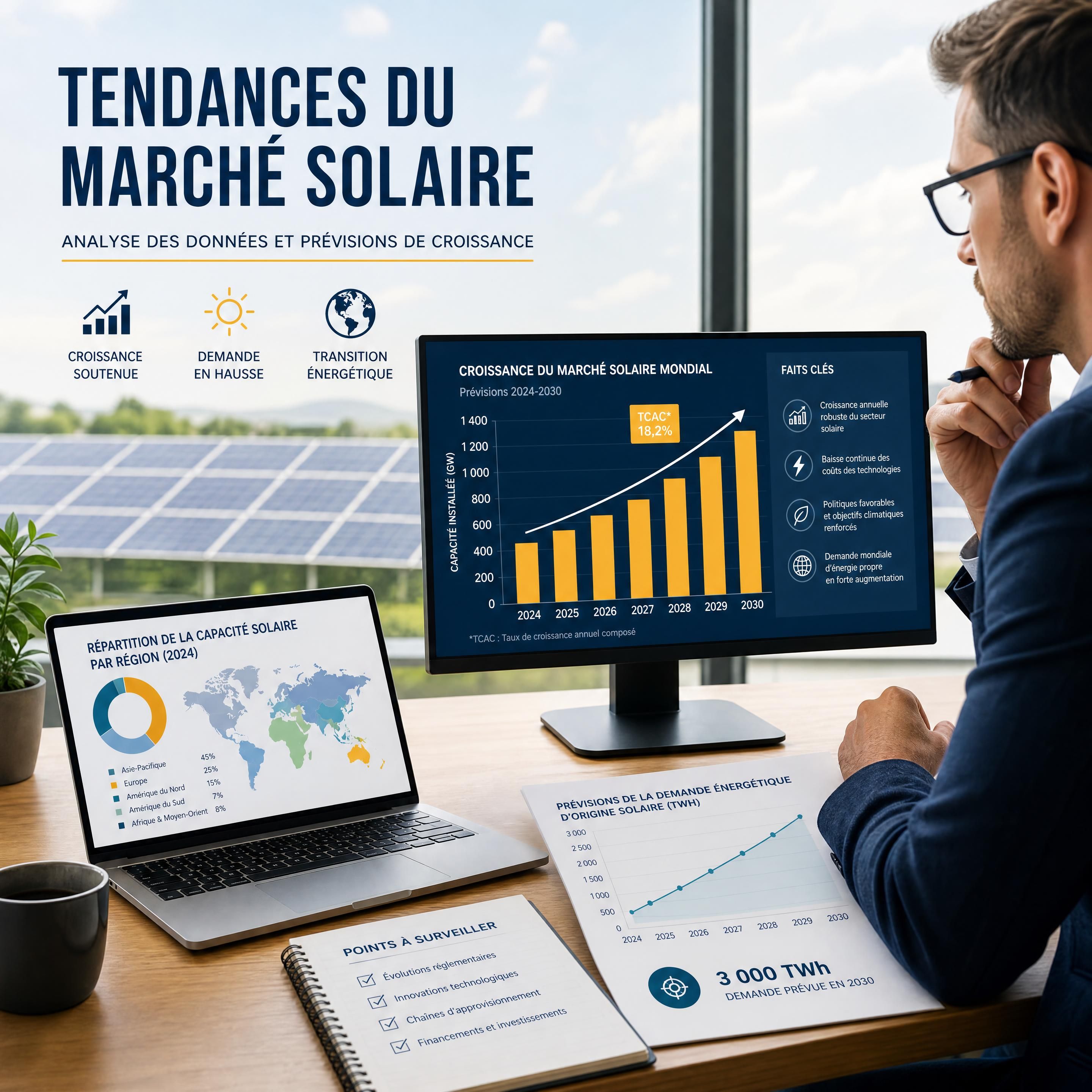 Expert analysant les tendances du marché solaire avec graphiques de croissance et données de prévisions énergétiques