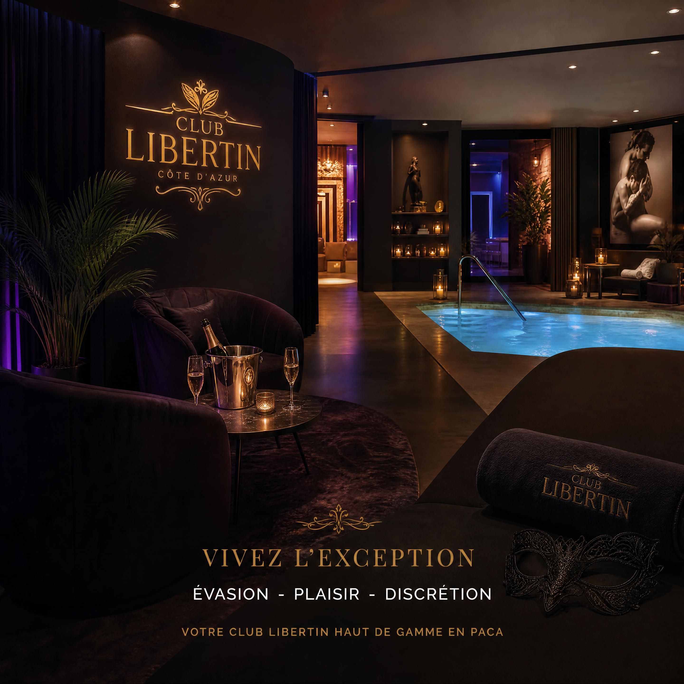 Ambiance élégante d'un club libertin haut de gamme avec éclairage tamisé, spa luxueux et décoration raffinée en PACA