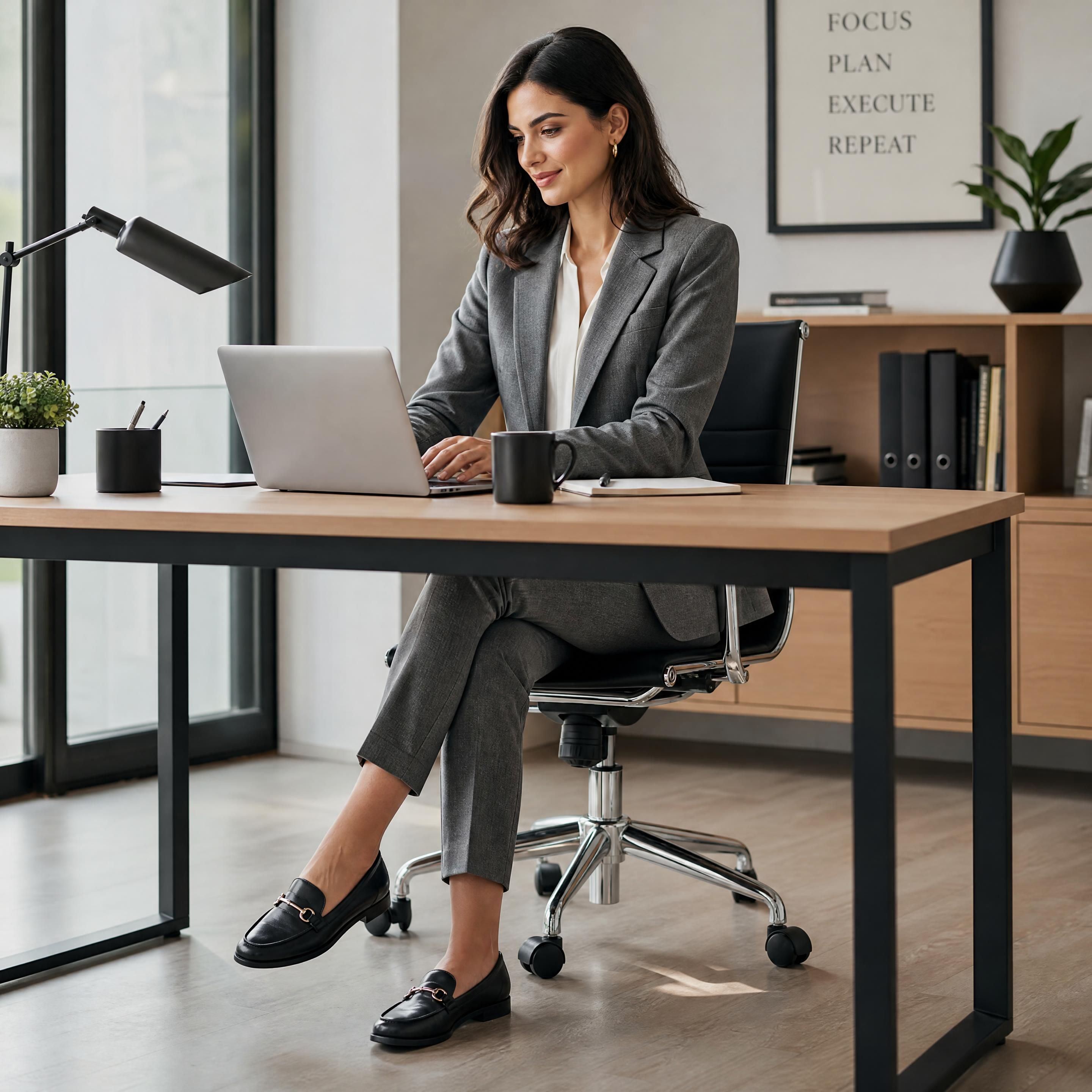 Femme portant des mocassins noirs élégants en cuir au bureau, assise à son bureau avec un tailleur gris
