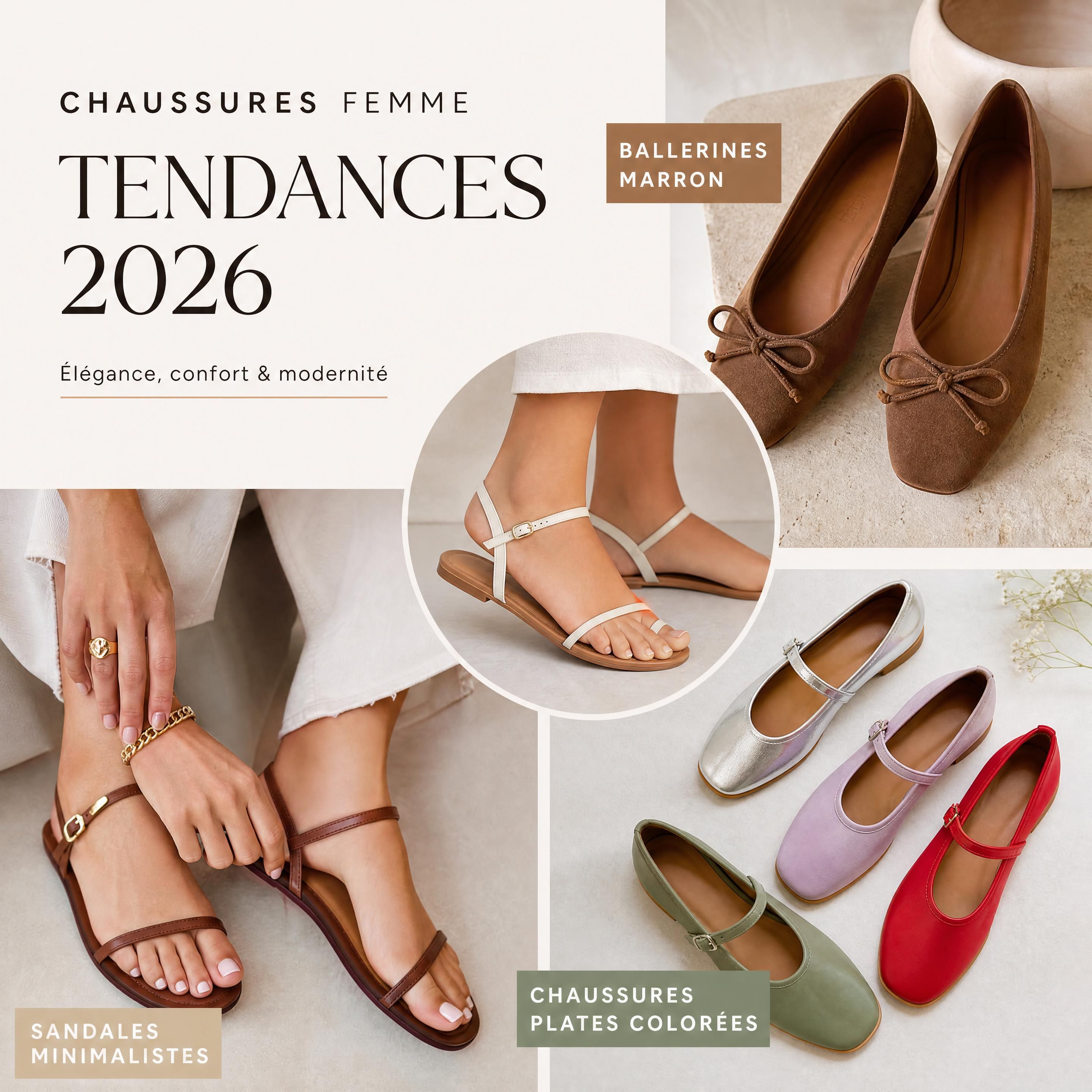 Collage de chaussures femme tendance 2026 - ballerines marron, sandales minimalistes et chaussures plates colorées
