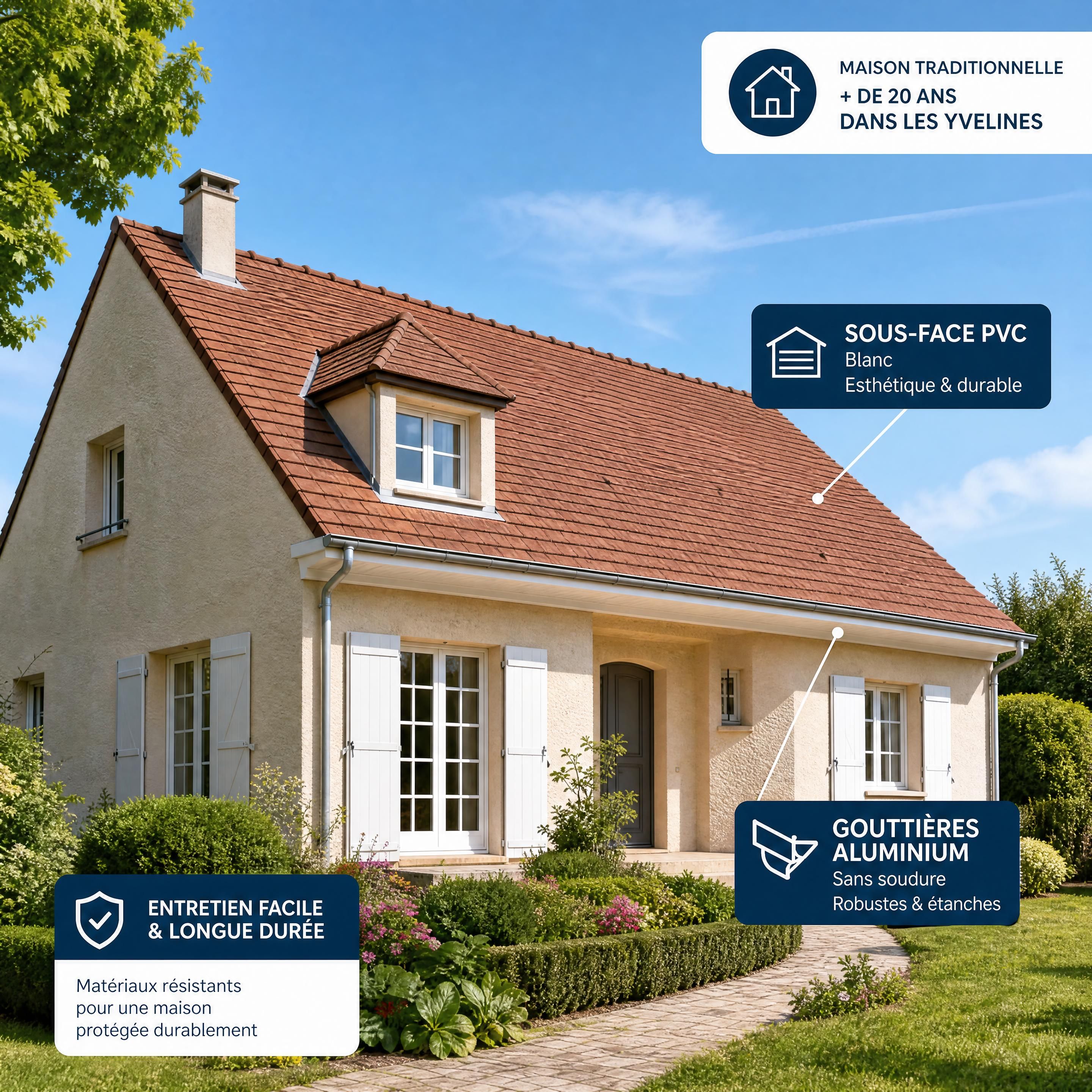 Une belle maison individuelle traditionnelle de plus de 20 ans dans les Yvelines avec une toiture en tuiles parfaitement entretenue, des dessous de toit en PVC blanc et des gouttières en aluminium sans soudure