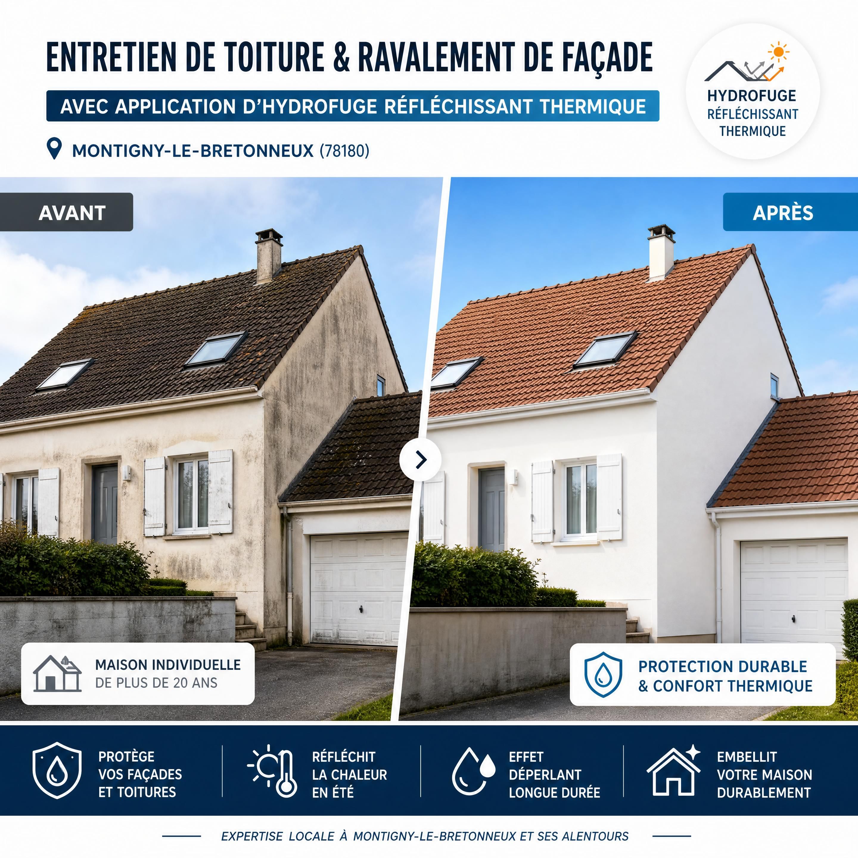 Avant-après d'un entretien de toiture et ravalement de façade sur une maison individuelle de plus de 20 ans à Montigny-le-Bretonneux avec application d'hydrofuge réfléchissant thermique