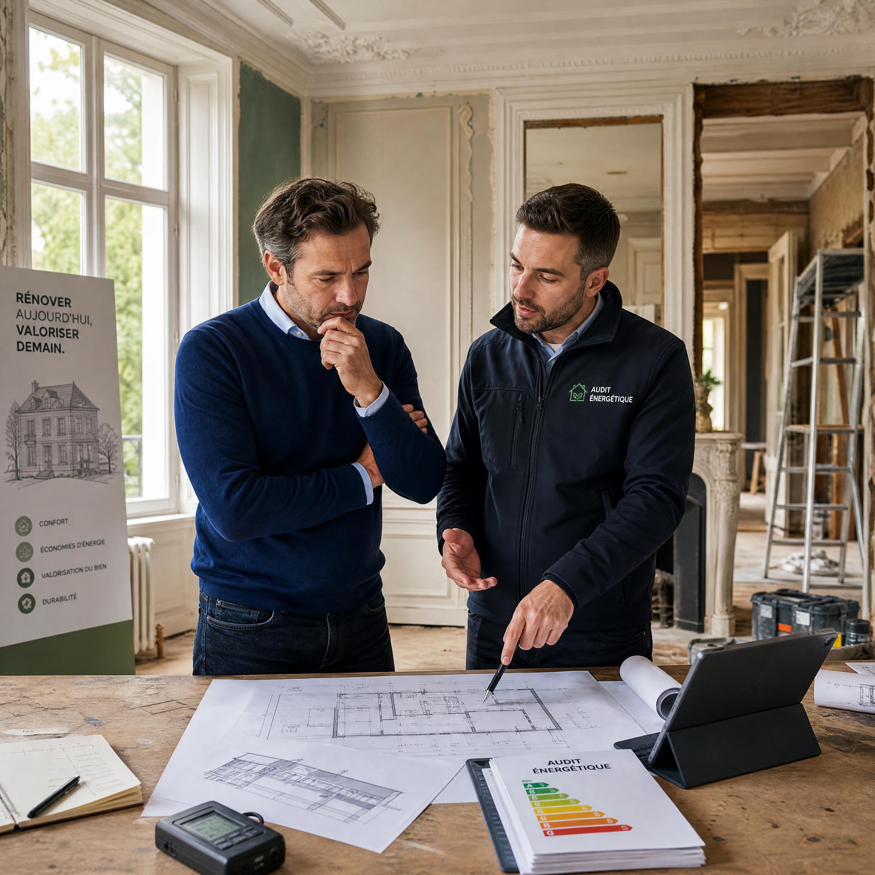 Un propriétaire belge analysant des plans de rénovation avec un expert en audit énergétique dans une maison de maître en cours de travaux