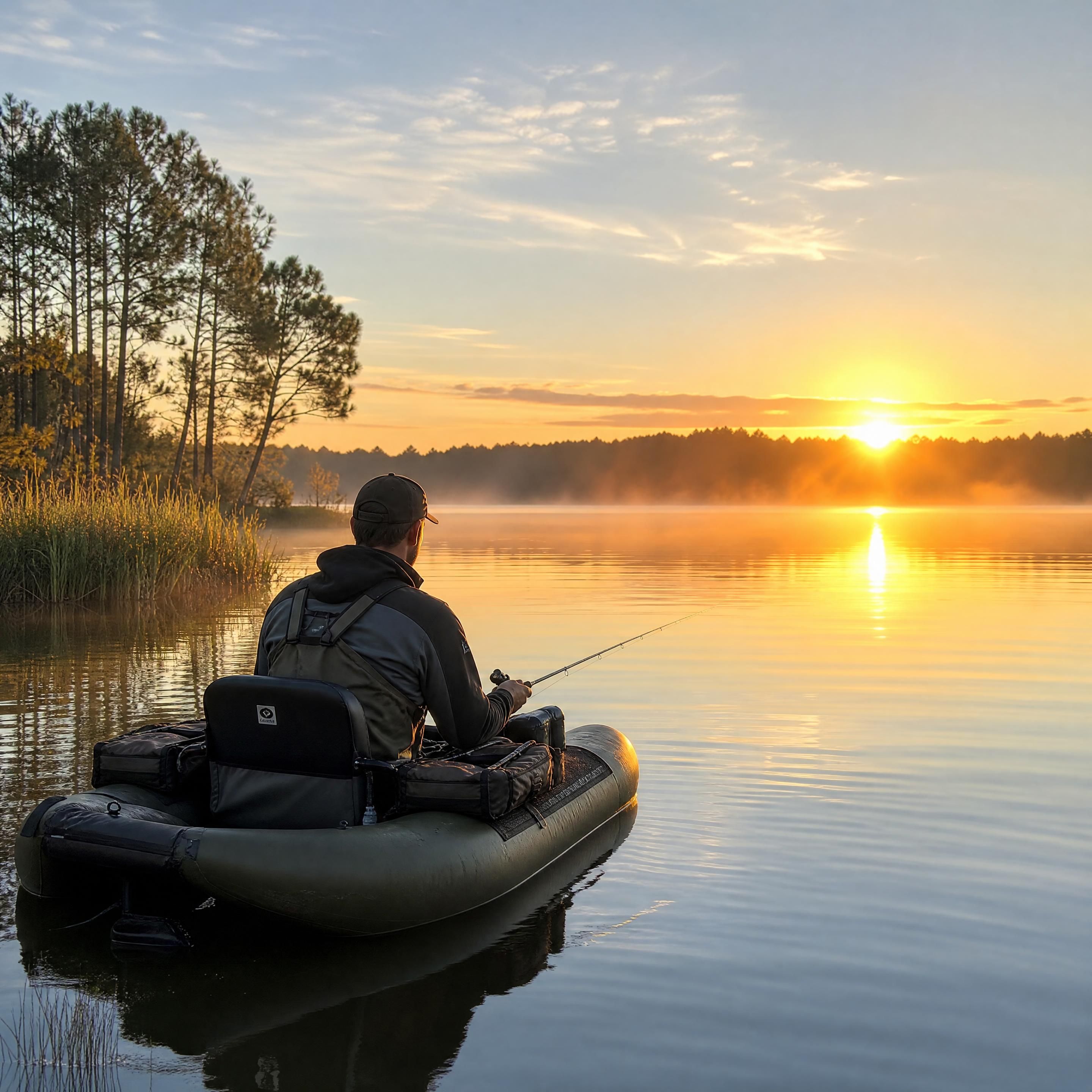 Pêcheur en float-tube sur les eaux calmes du lac de Sainte-Eulalie-en-Born au lever du soleil — Olivier Roussel, conseiller immobilier IAD France à Mimizan (Landes, 40)