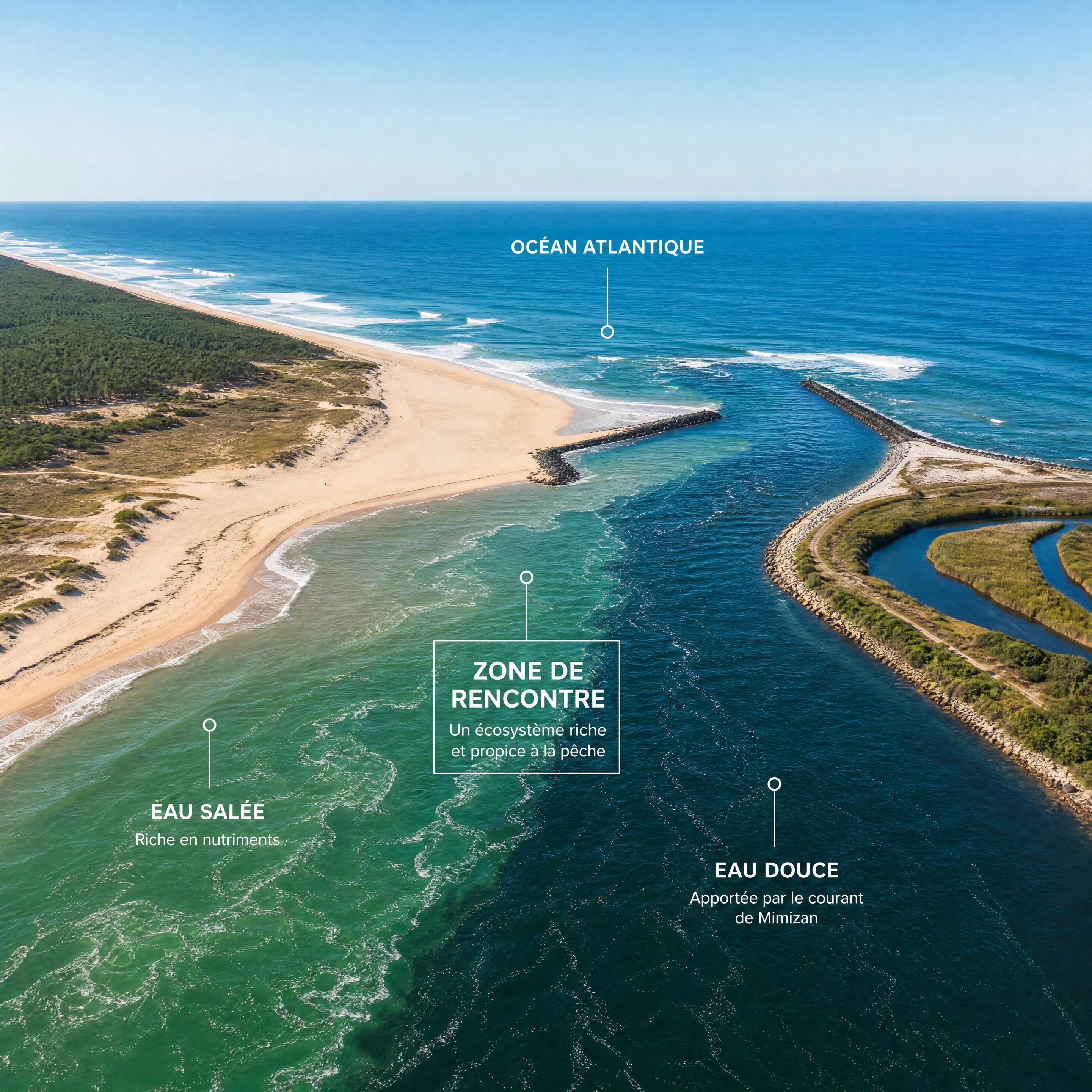 Vue aérienne du Courant de Mimizan se jetant dans l'océan Atlantique, rencontre des eaux douces et salées propice à la pêche — Olivier Roussel, conseiller immobilier IAD France à Mimizan (Landes, 40)