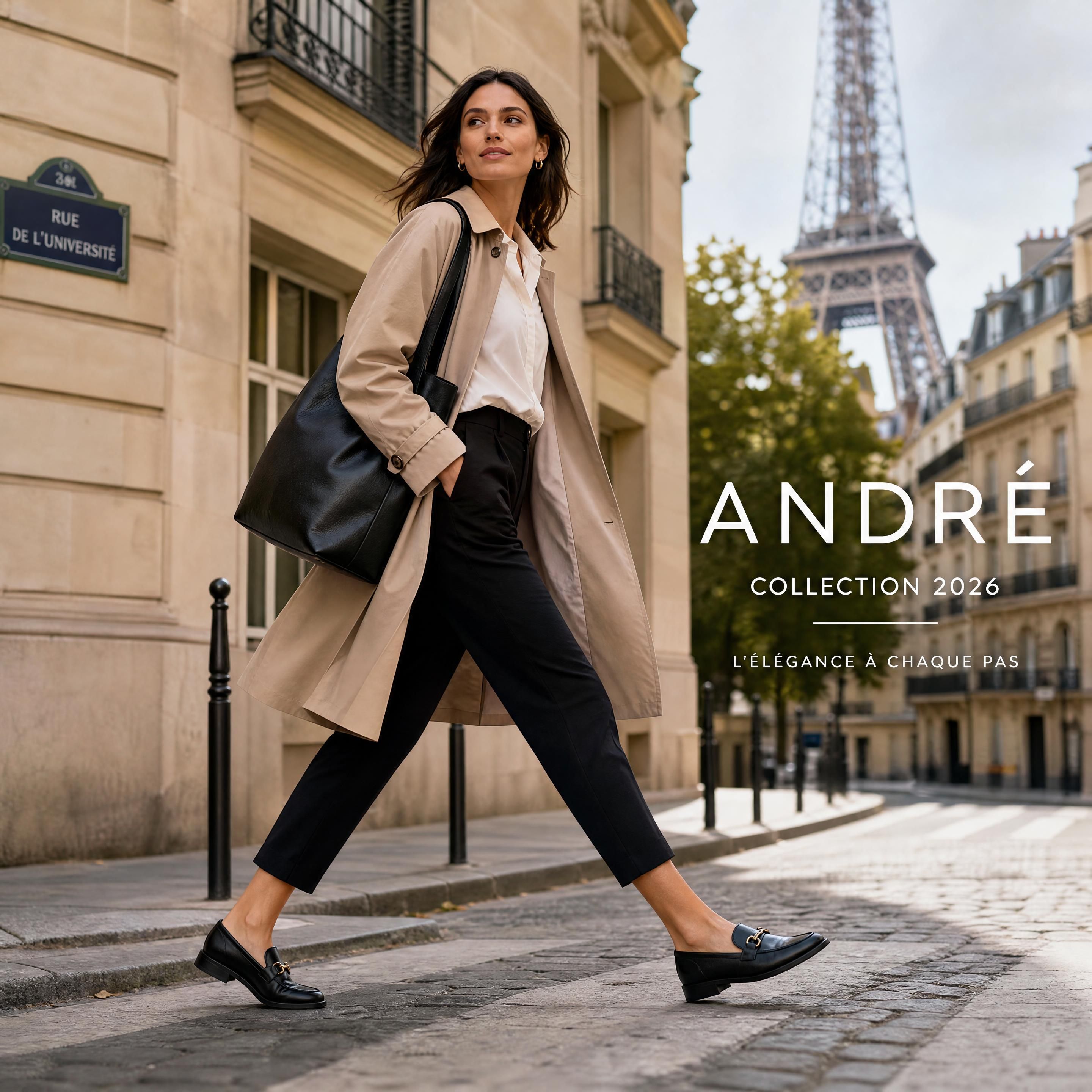 Une femme active urbaine marchant d'un pas dynamique dans les rues de Paris, portant des mocassins femme élégants en cuir noir de la collection André 2026