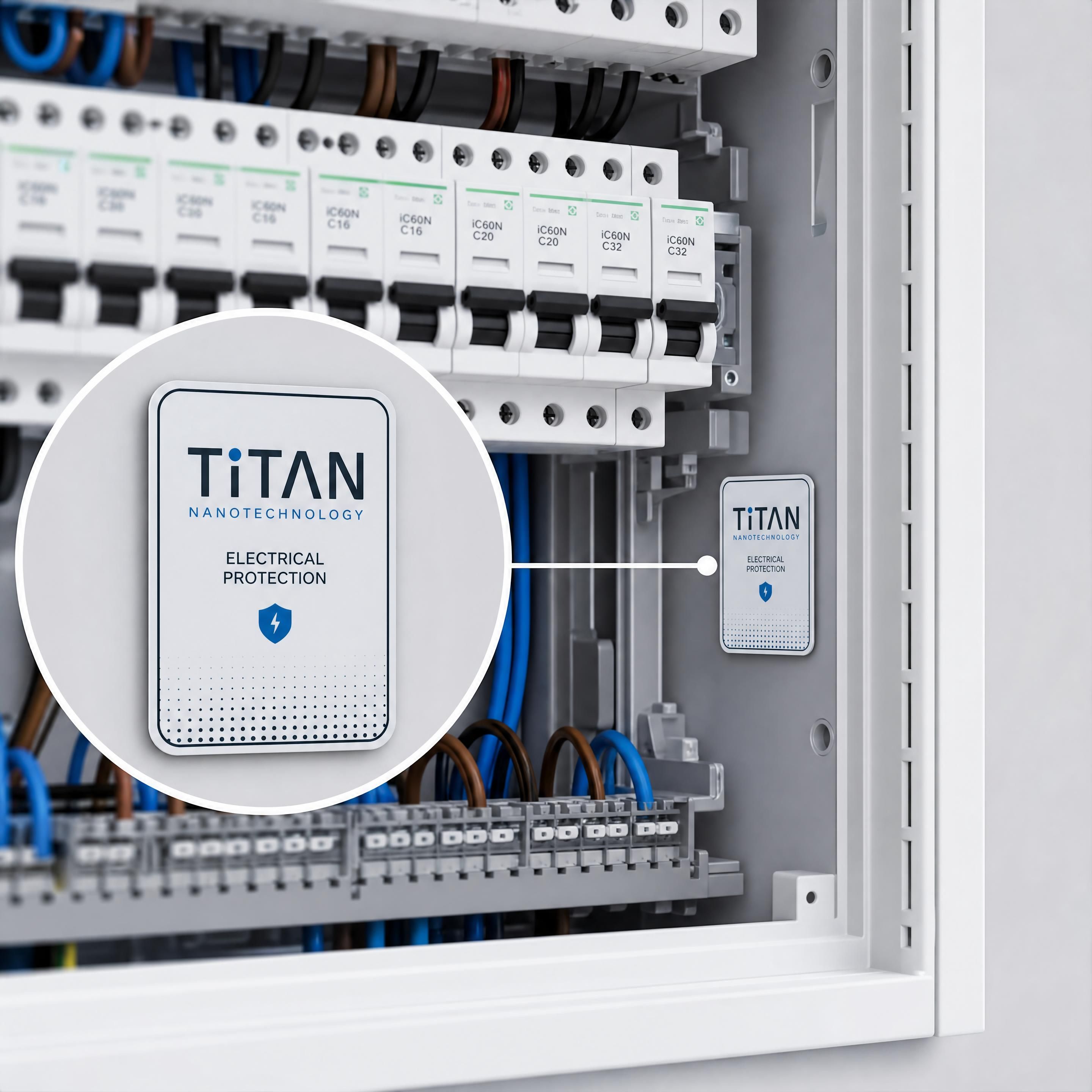 Sticker nanotechnologique Titan installé dans un tableau électrique de distribution