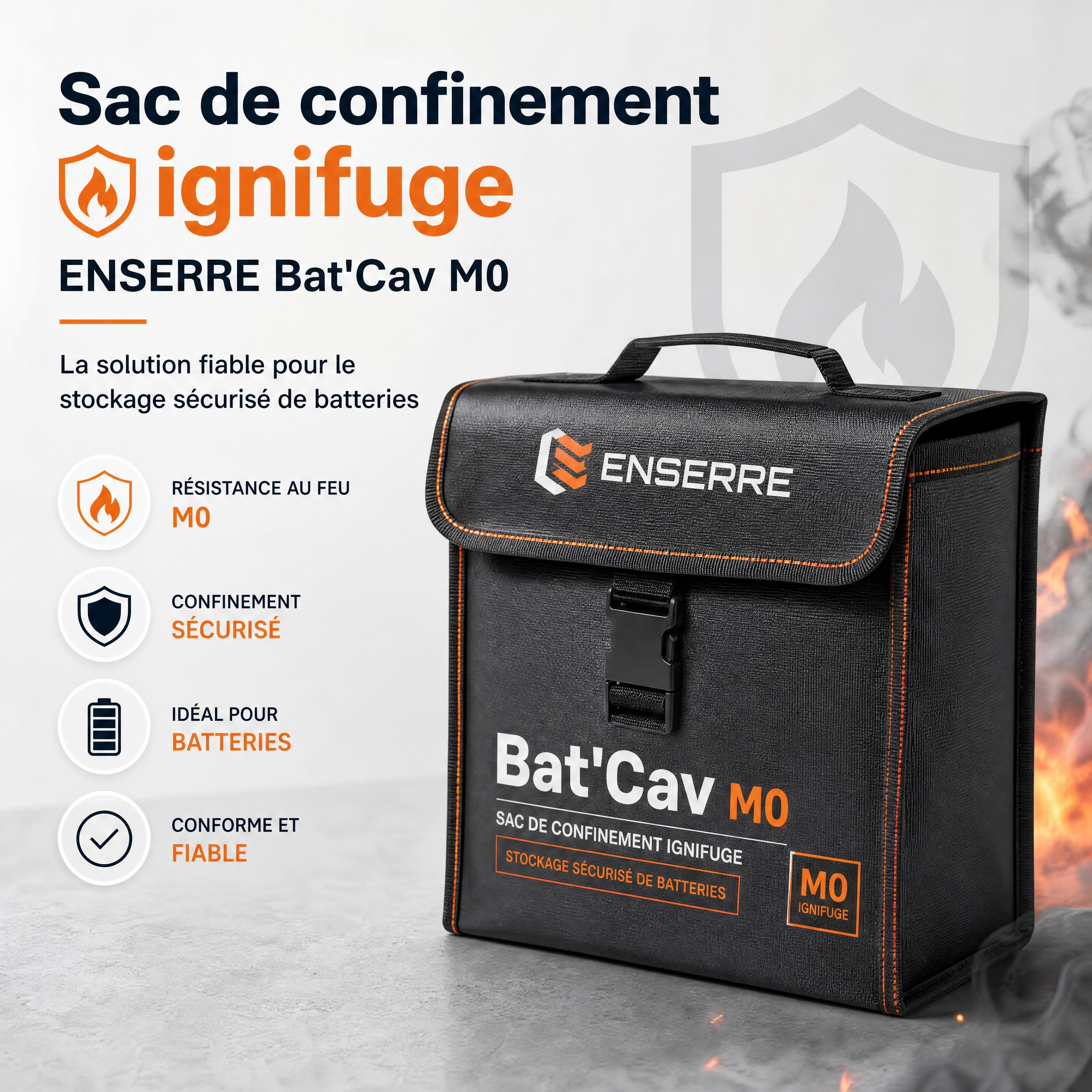 Sac de confinement ignifuge ENSERRE Bat'Cav M0 pour le stockage sécurisé de batteries