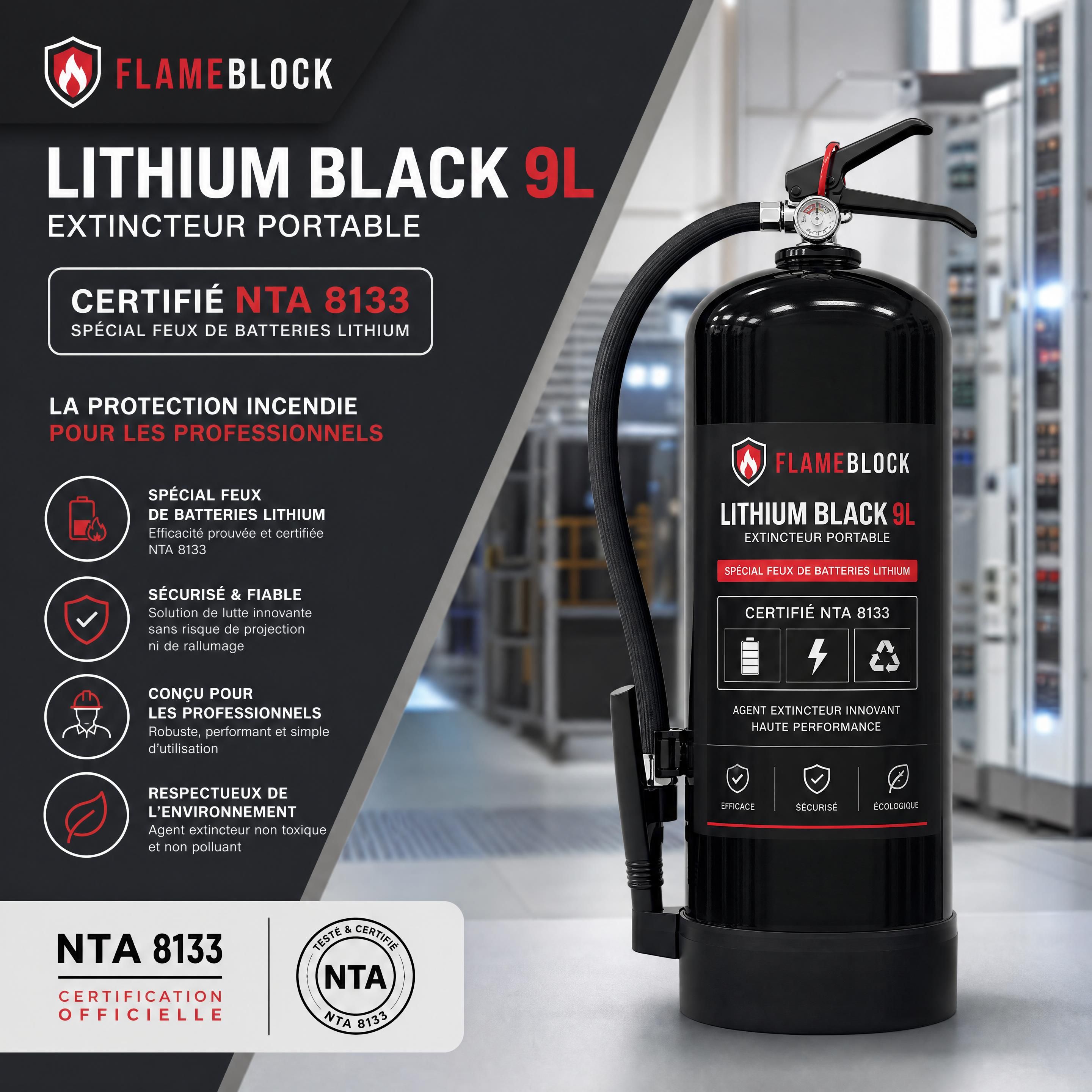 Extincteur portable FlameBlock Lithium Black 9L certifié NTA 8133 pour professionnels