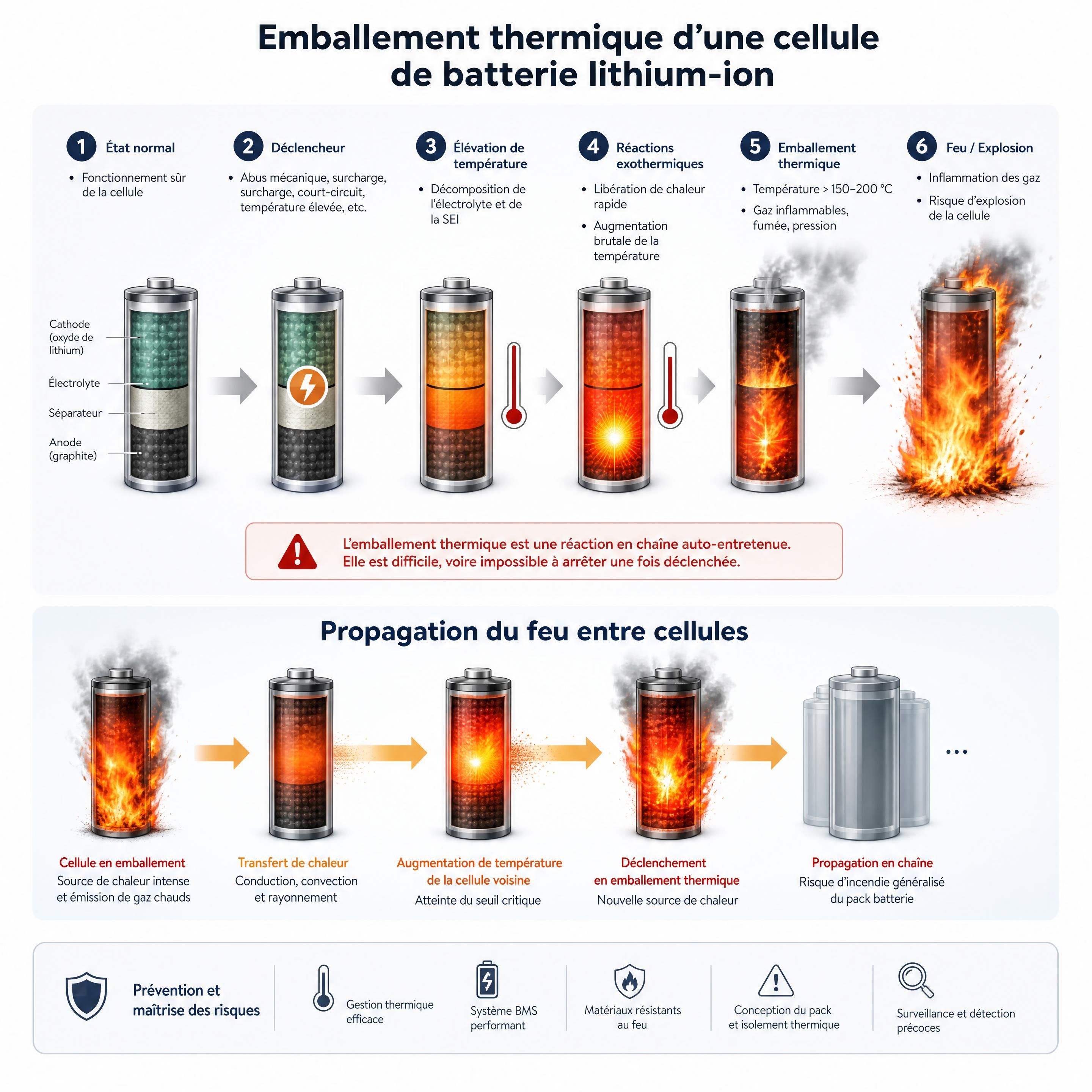 Schéma de l'emballement thermique d'une cellule de batterie lithium-ion et propagation du feu