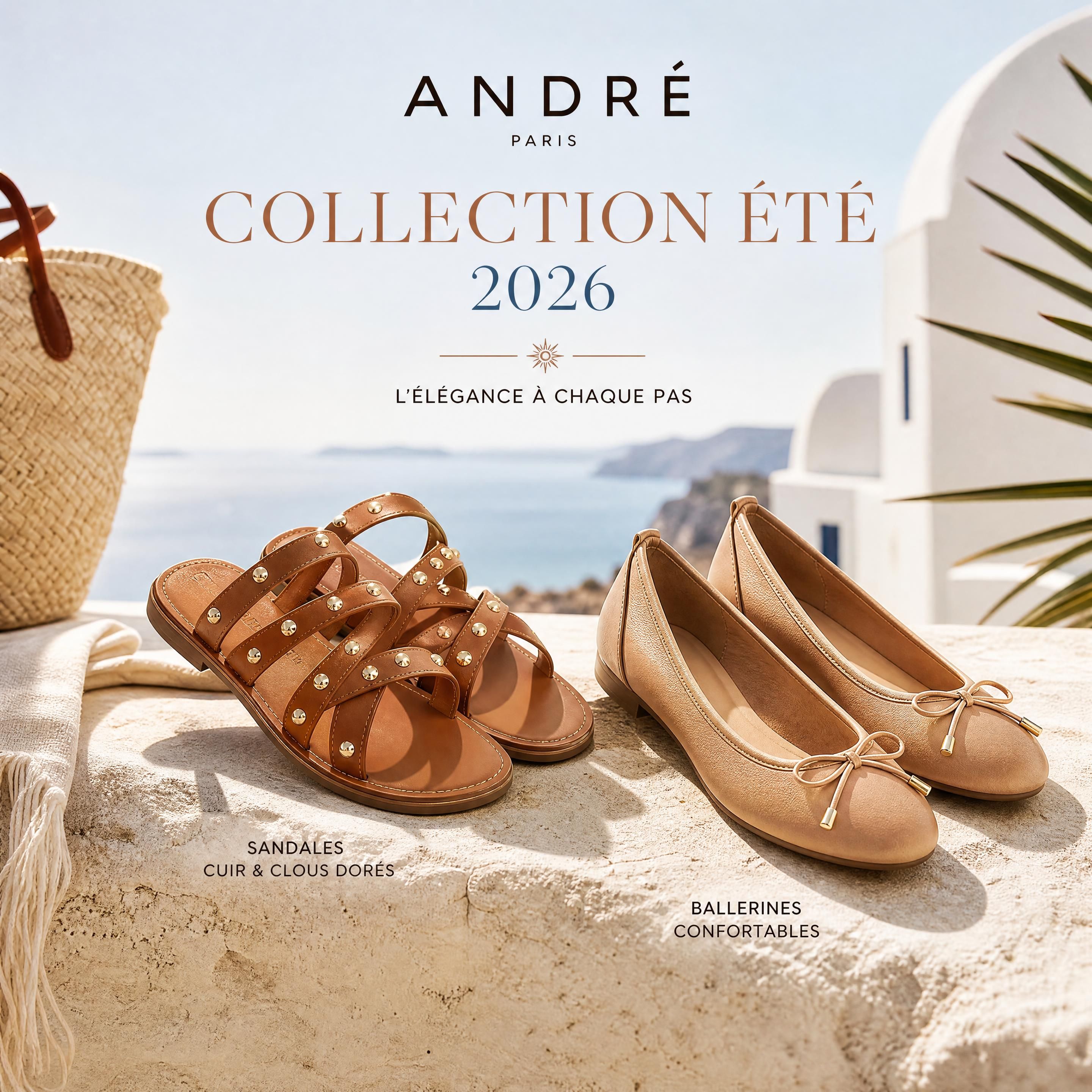 Collection de chaussures été André 2026 mettant en scène des sandales plates en cuir camel à clous dorés et des ballerines confortables sur un fond ensoleillé de vacances