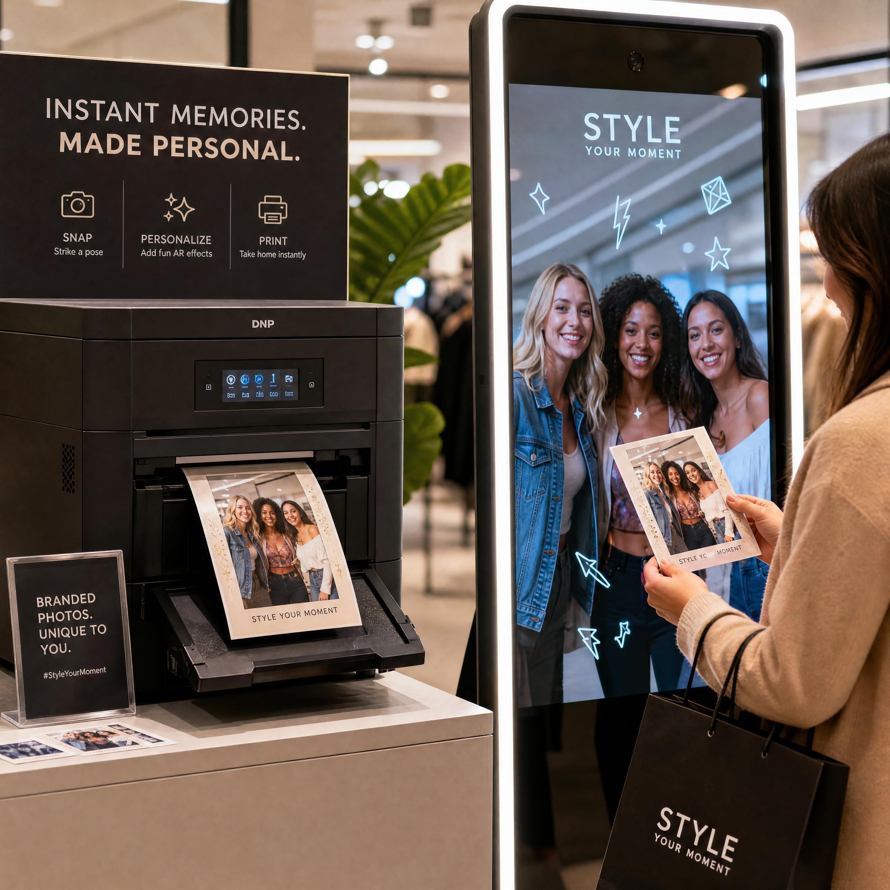 High-speed photo printer next to a retail AR mirror delivering branded photo souvenirs to shoppers