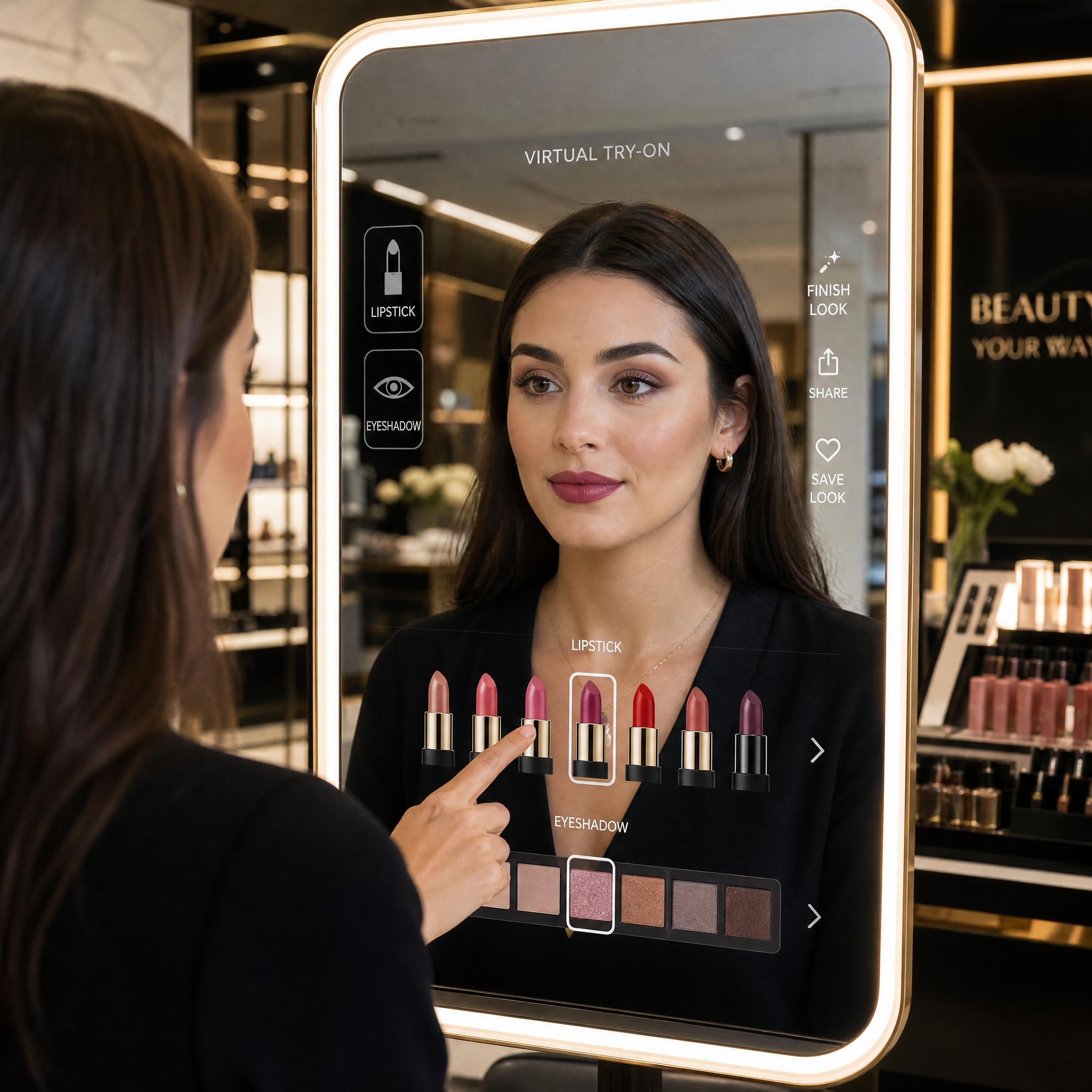 A sleek interactive AR mirror displaying virtual lipstick and eyeshadow options in a luxury cosmetics boutique