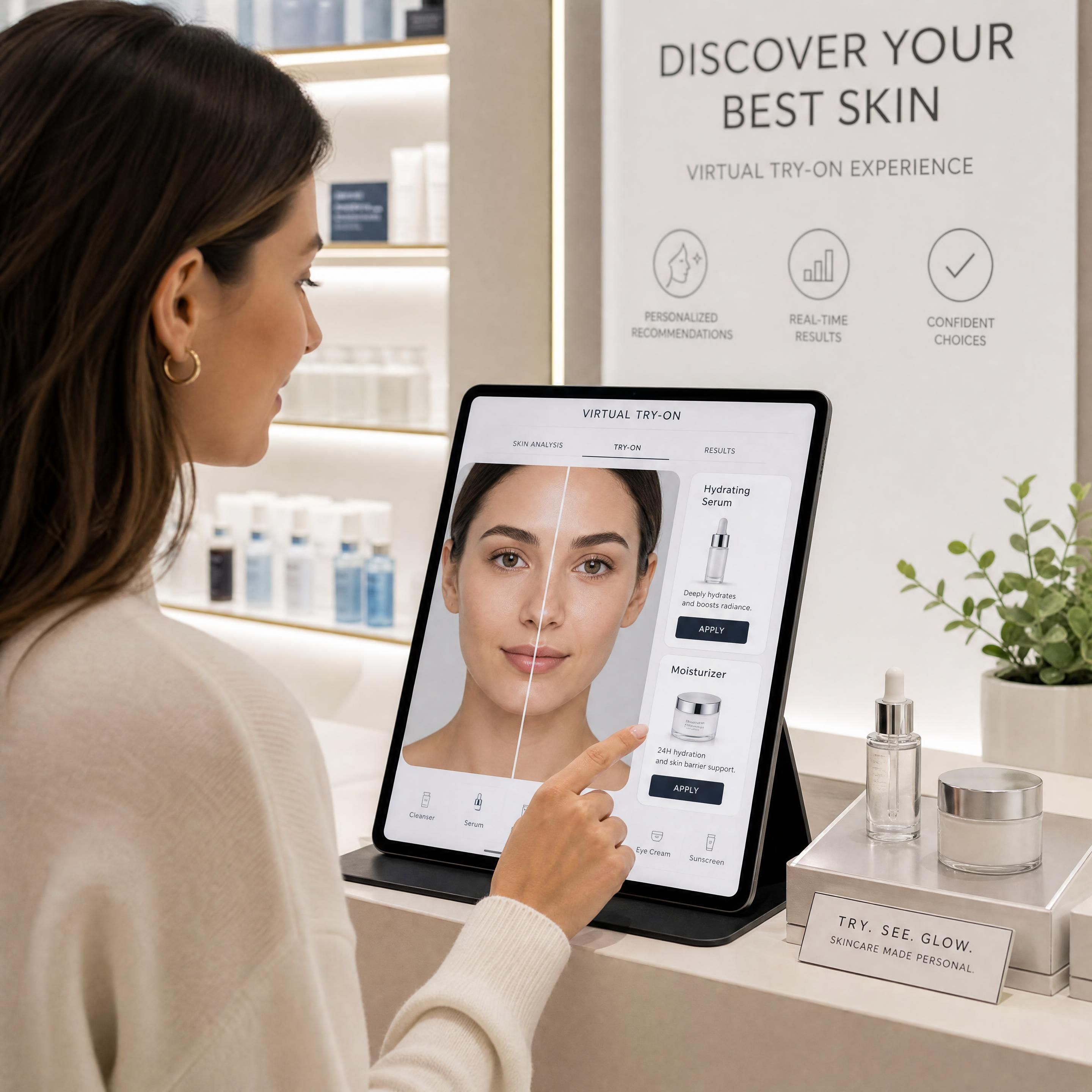 A customer using an iPad-based virtual try-on counter to test skincare creams and serums