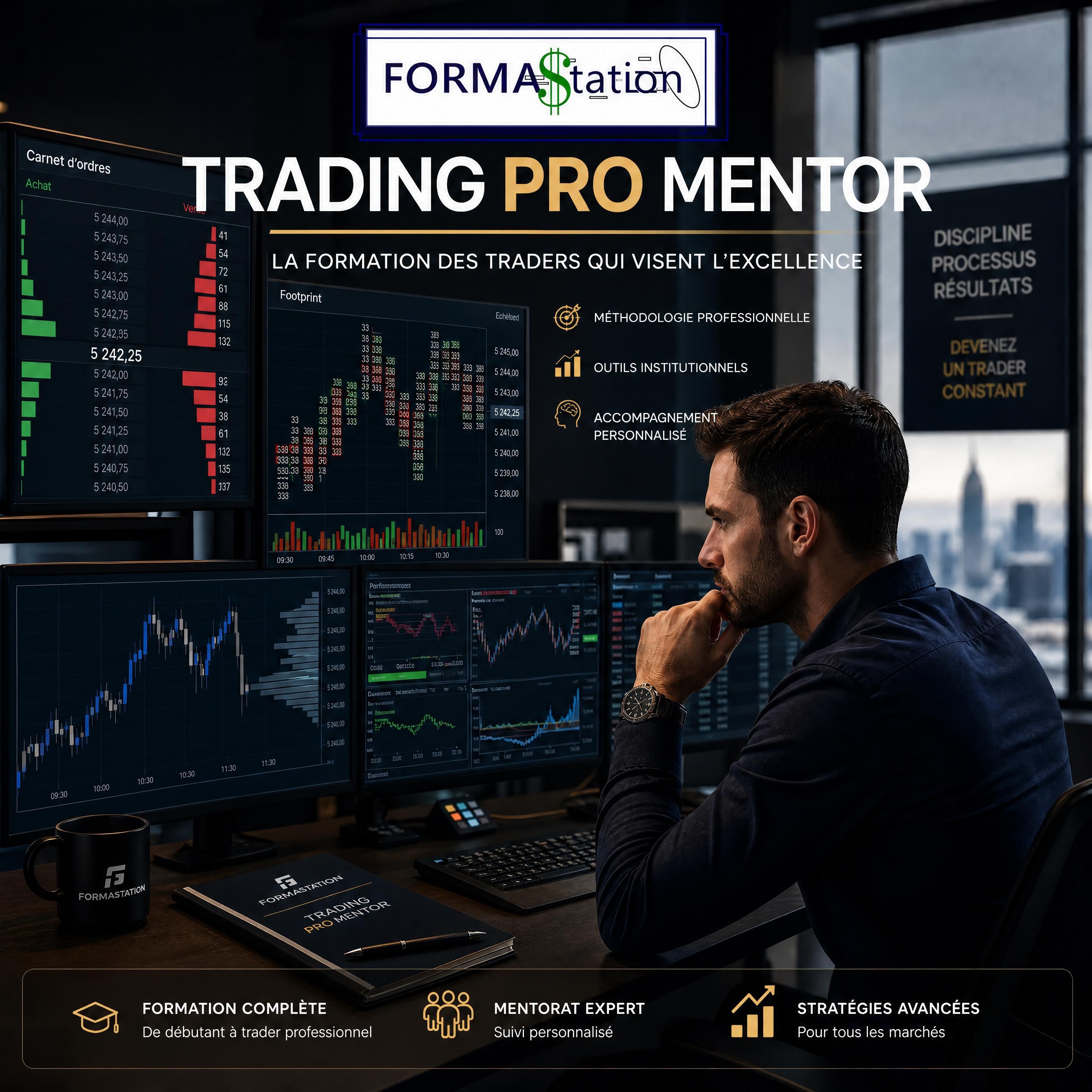 Un trader professionnel analysant des graphiques financiers institutionnels (Carnet d'ordres, Footprint) sur plusieurs écrans, illustrant l'immersion et le sérieux de la formation Trading Pro Mentor de FORMASTATION