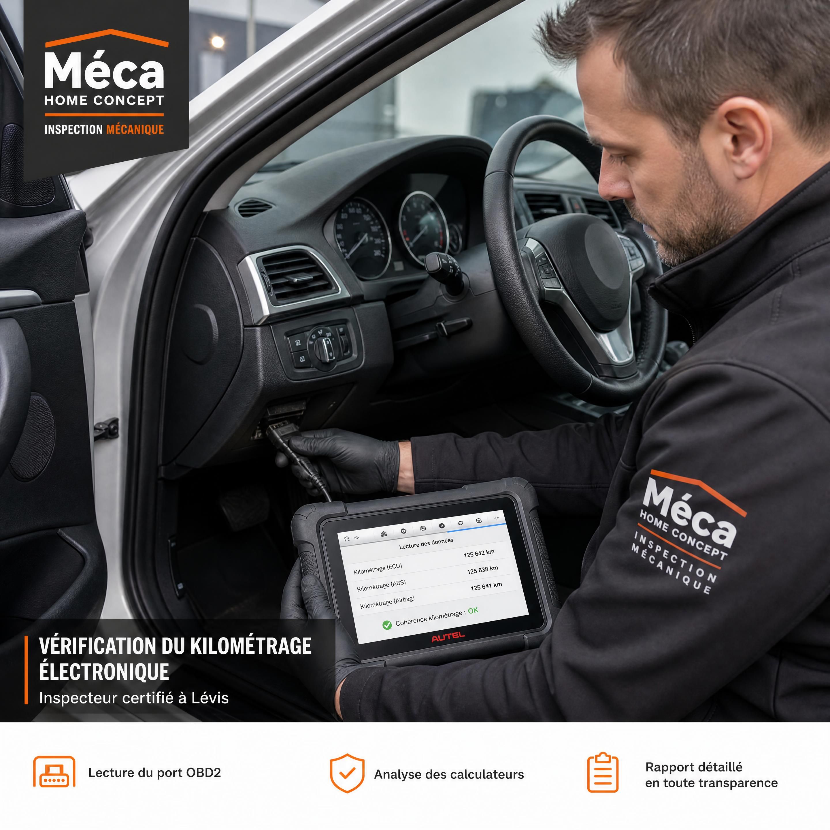 Mechanic inspector from Méca Home Concept connecting a diagnostic tool to the OBD2 port of a used car in Lévis to check the consistency of the electronic mileage