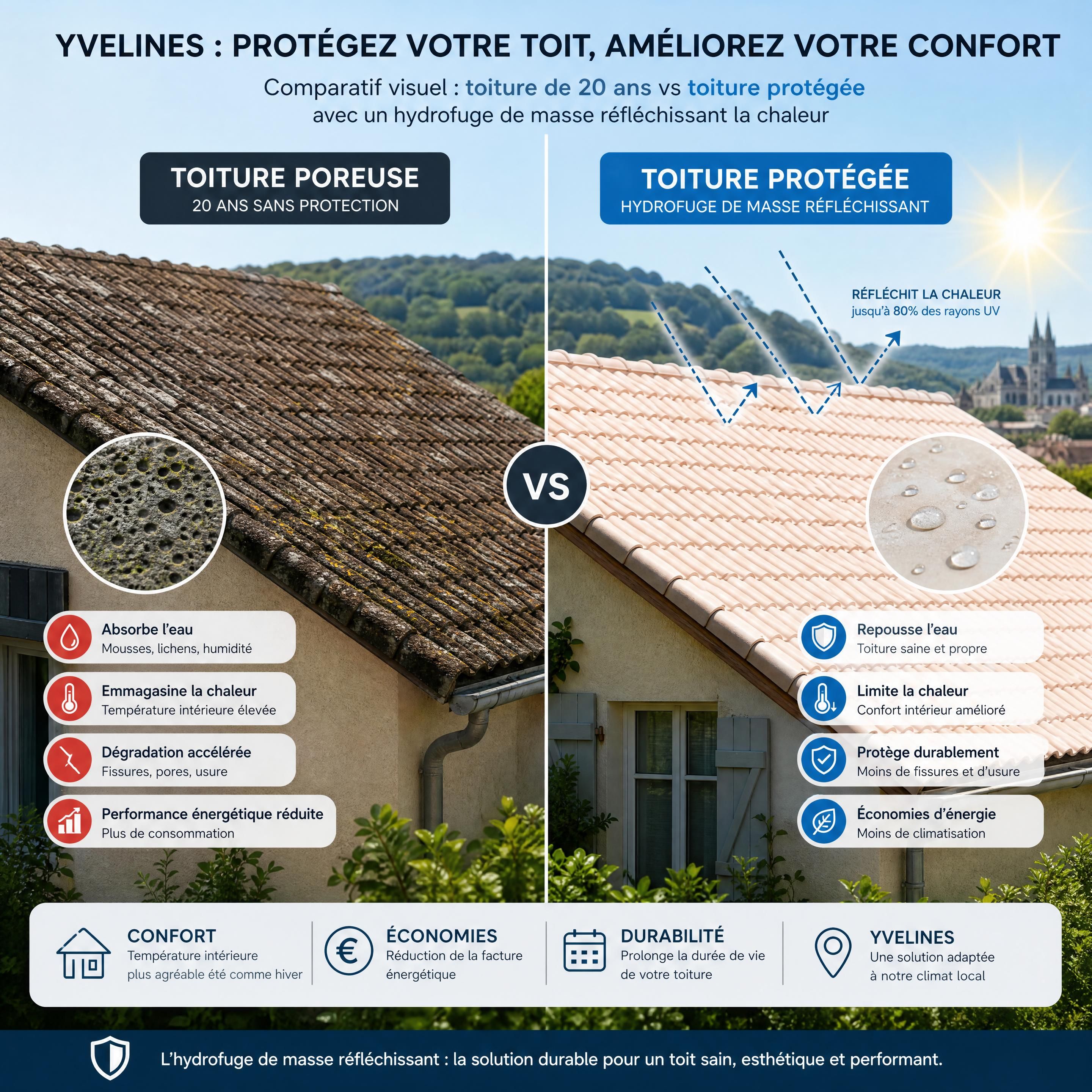 Comparatif visuel entre une toiture poreuse d'une maison de 20 ans et une toiture protégée par un hydrofuge de masse réfléchissant la chaleur dans les Yvelines