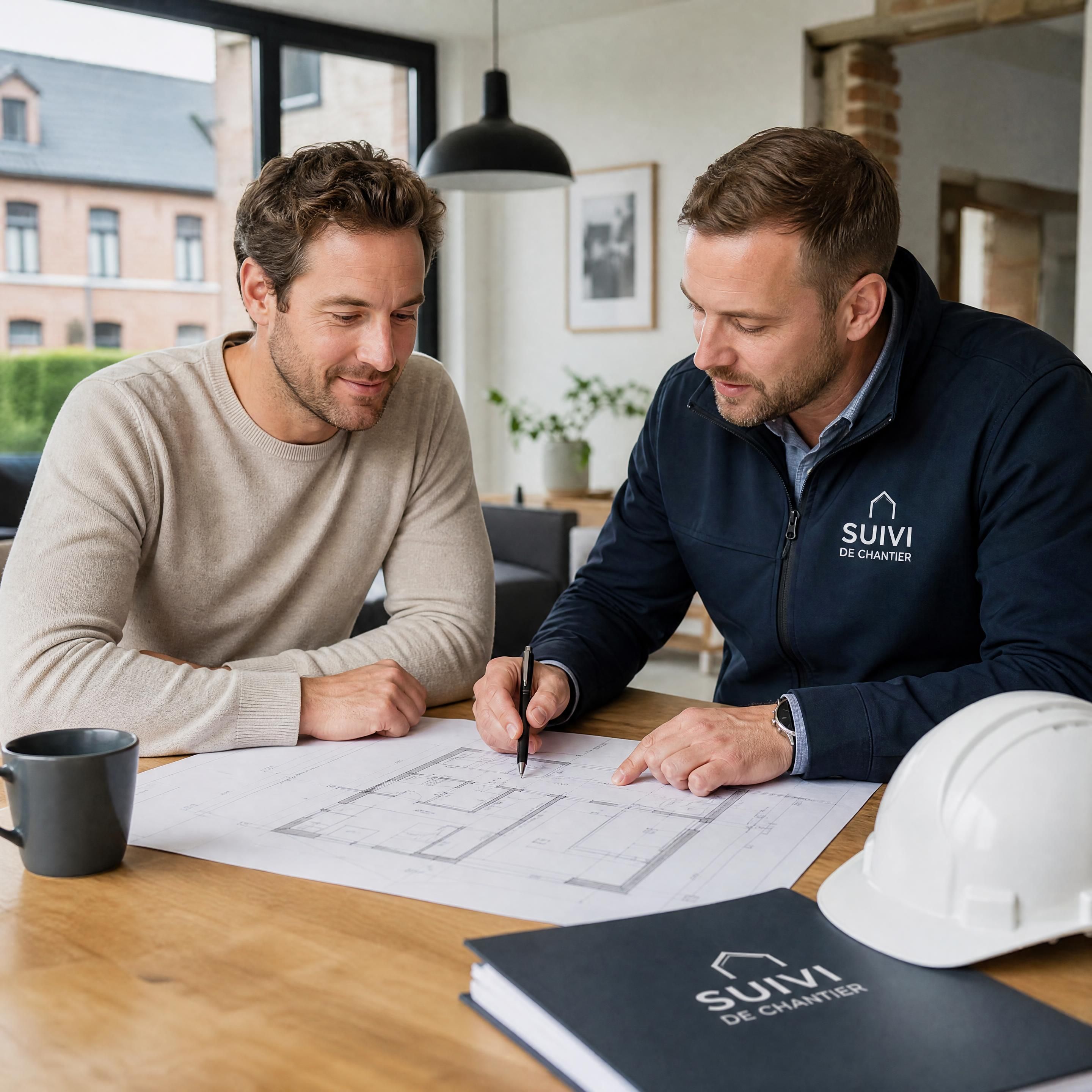 Un propriétaire de maison serein en Belgique examinant des plans de rénovation avec un expert en suivi de chantier