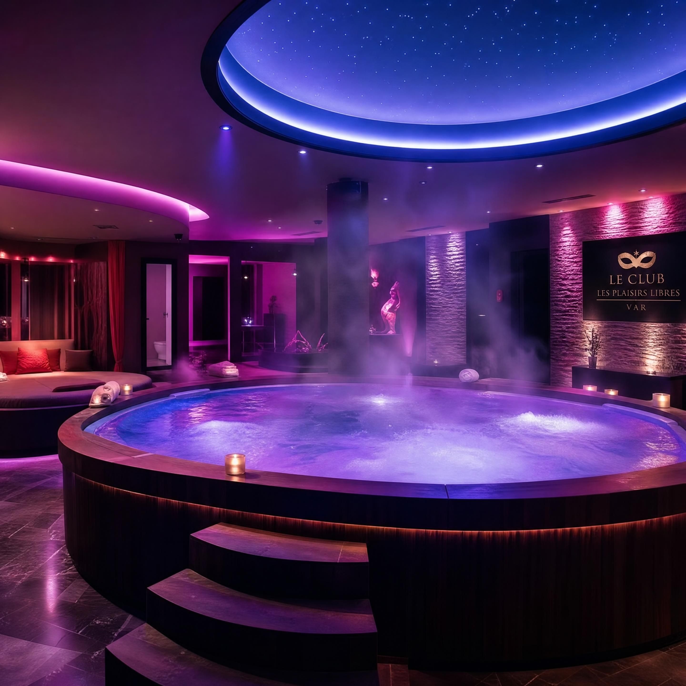 Espace balnéo haut de gamme illuminé par une chromothérapie tamisée avec un grand jacuzzi fumant dans un club libertin chic du Var