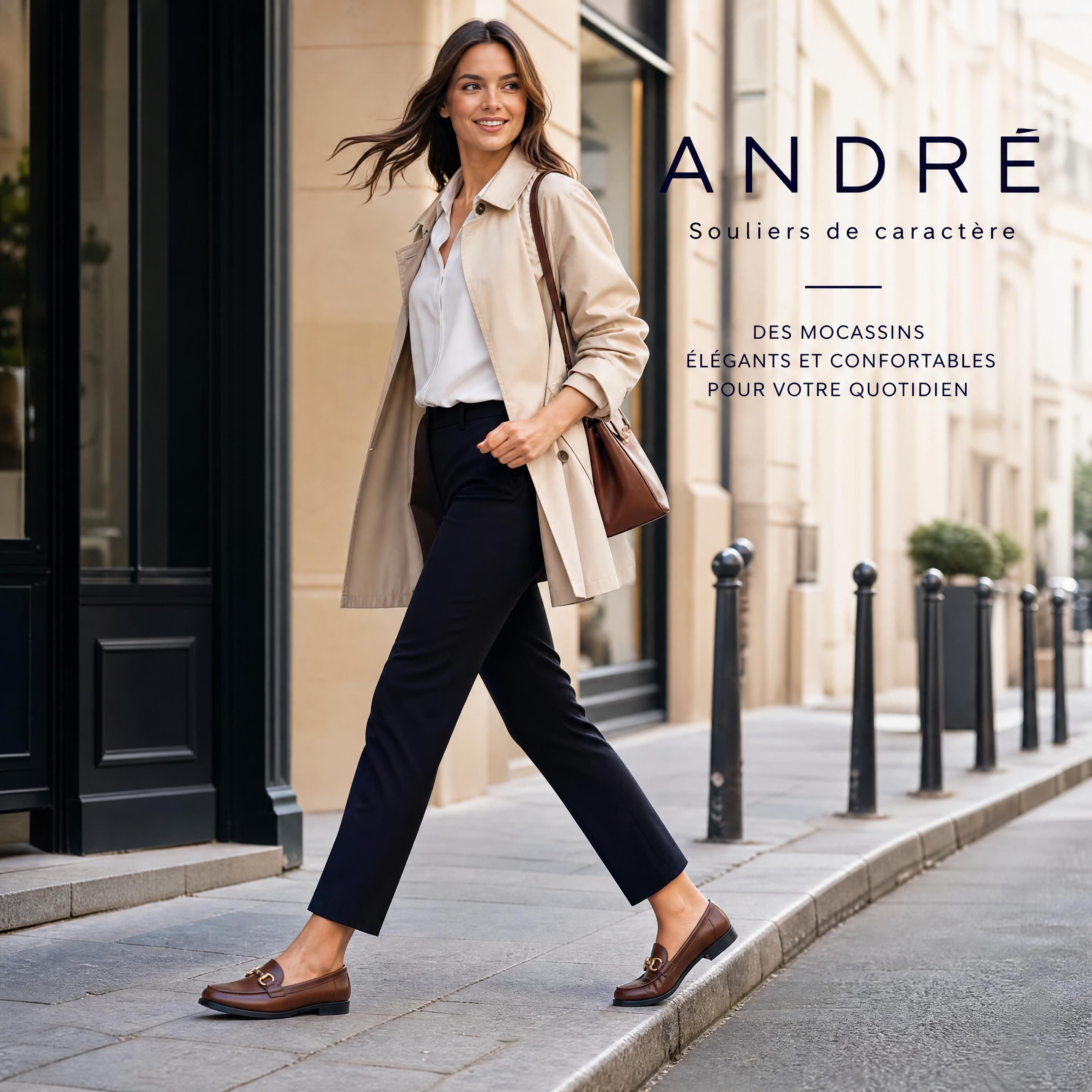 Femme urbaine active marchant avec style dans la rue, portant des mocassins en cuir élégants et confortables d'André
