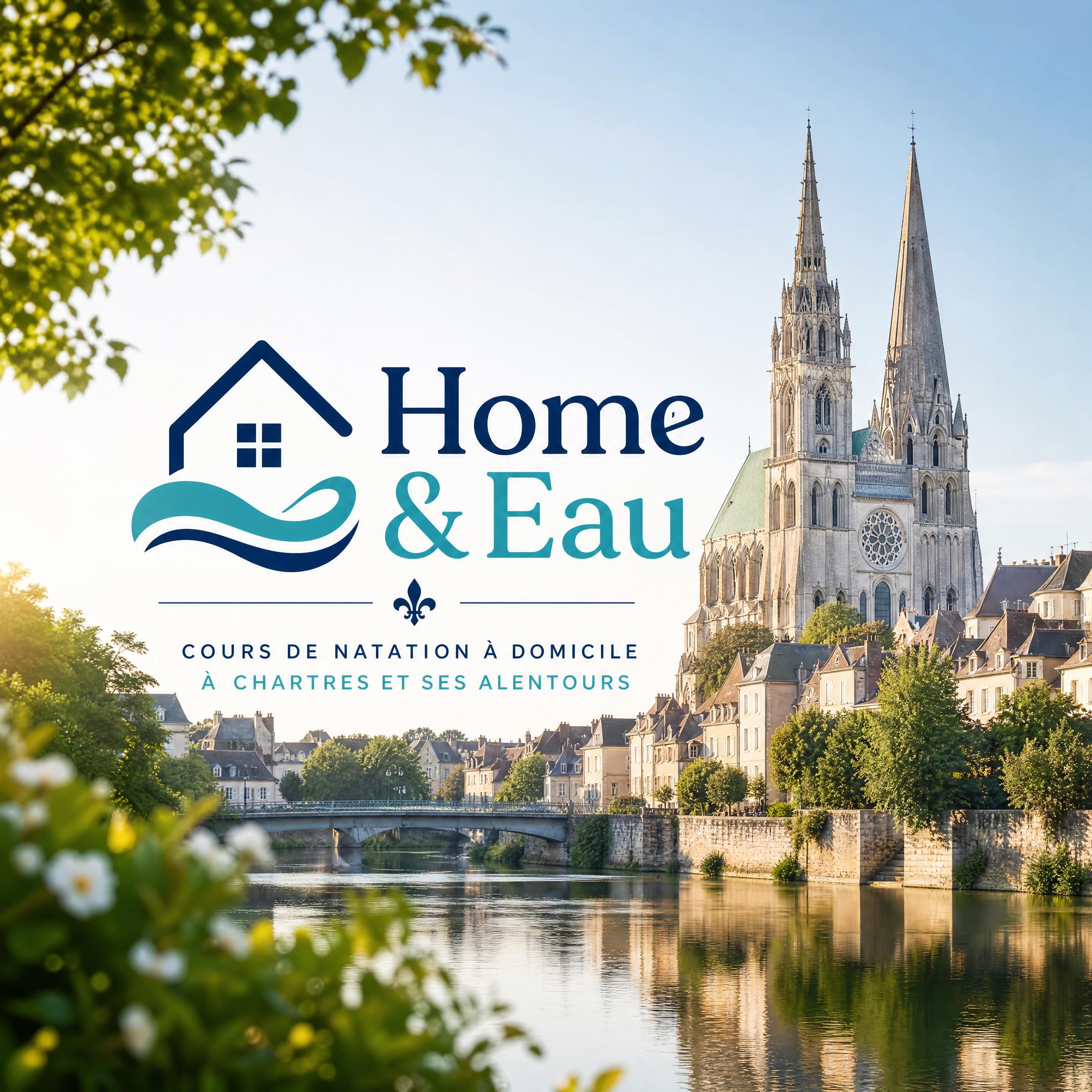 Une vue élégante et lumineuse de la Cathédrale de Chartres en arrière-plan avec le logo de Home & Eau superposé de manière nette, inspirant l'ancrage local et la confiance pour des cours de natation à domicile.