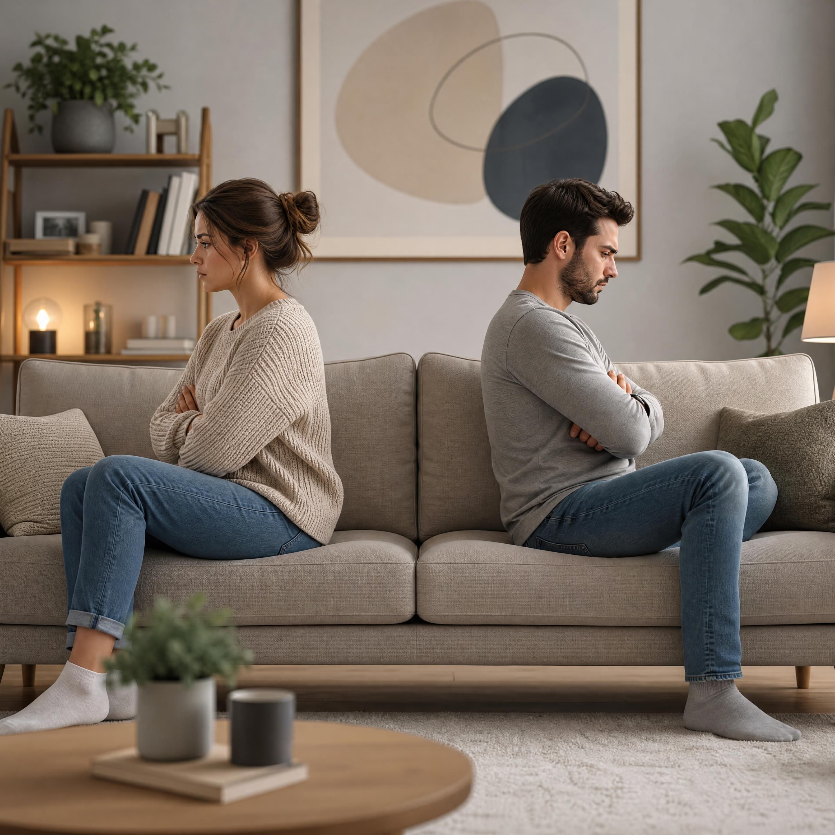 Un couple assis dos à dos sur un canapé, illustrant la distance et l'incompréhension de l'attachement anxieux évitant