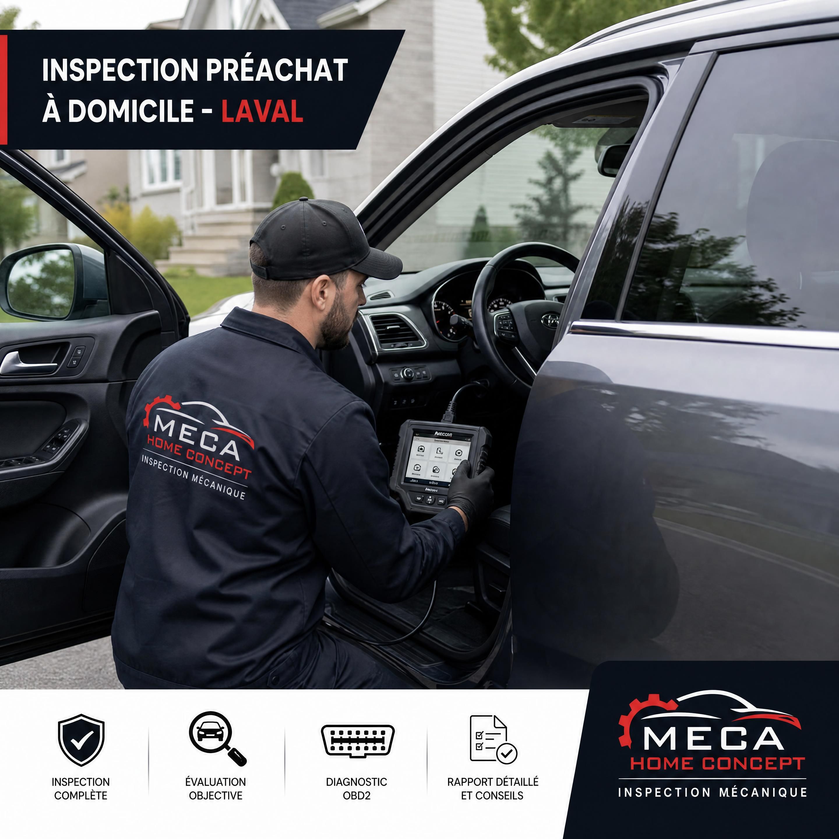 Meca Home Concept mechanic performing an at-home pre-purchase inspection of a used SUV in Laval with an OBD2 diagnostic tool