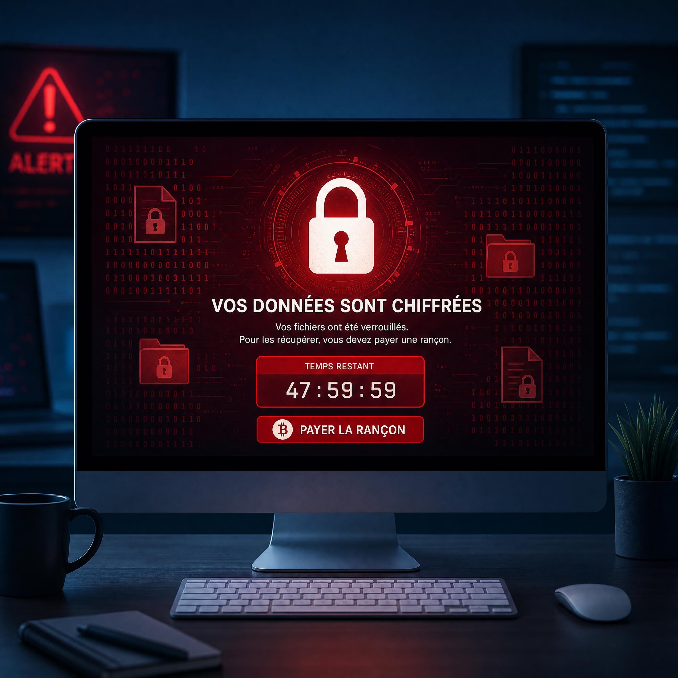 Illustration montrant un écran d'ordinateur avec un cadenas numérique et des données chiffrées, représentant une attaque ransomware