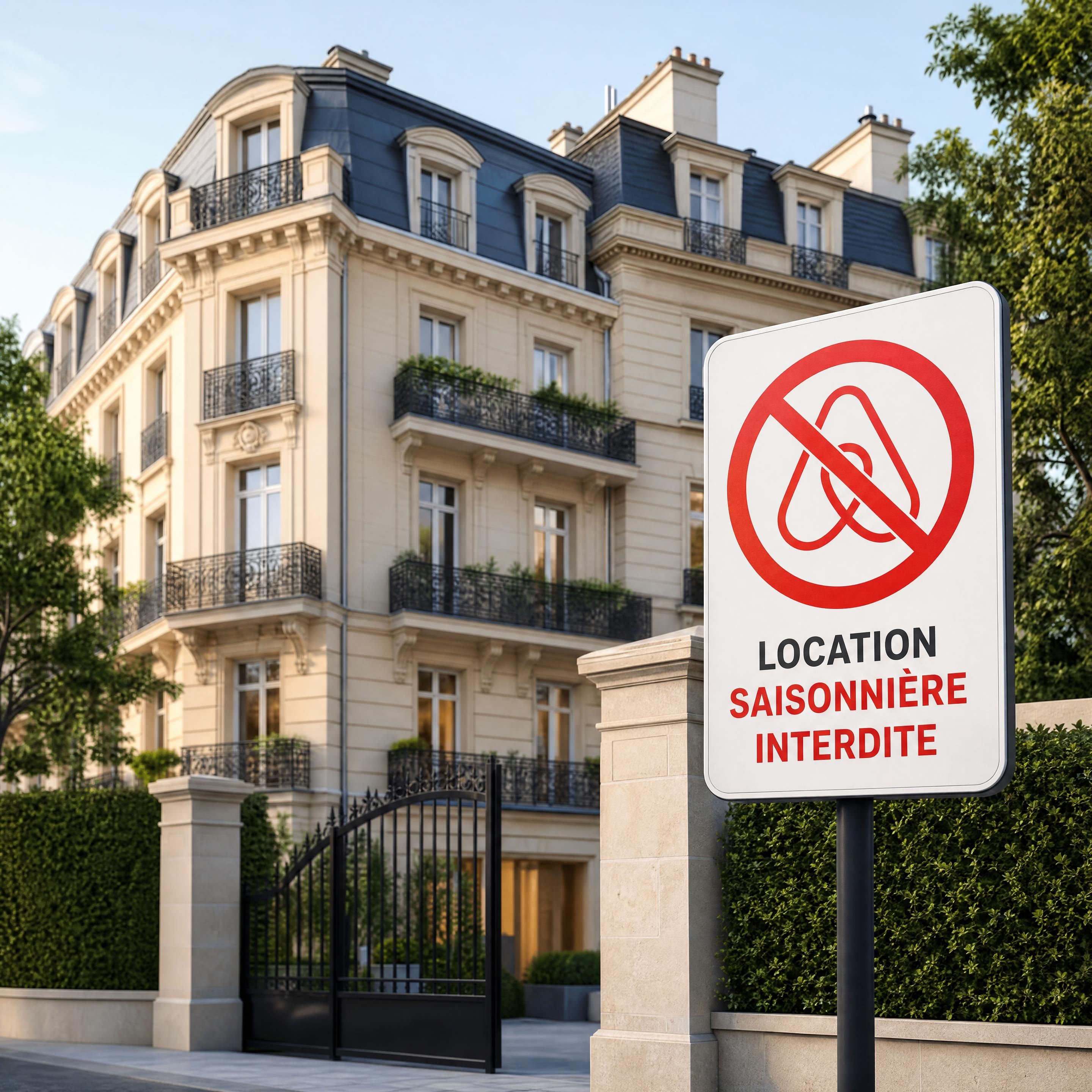 Immeuble d'habitation exclusive de standing et panneau d'interdiction de location saisonniere de type Airbnb