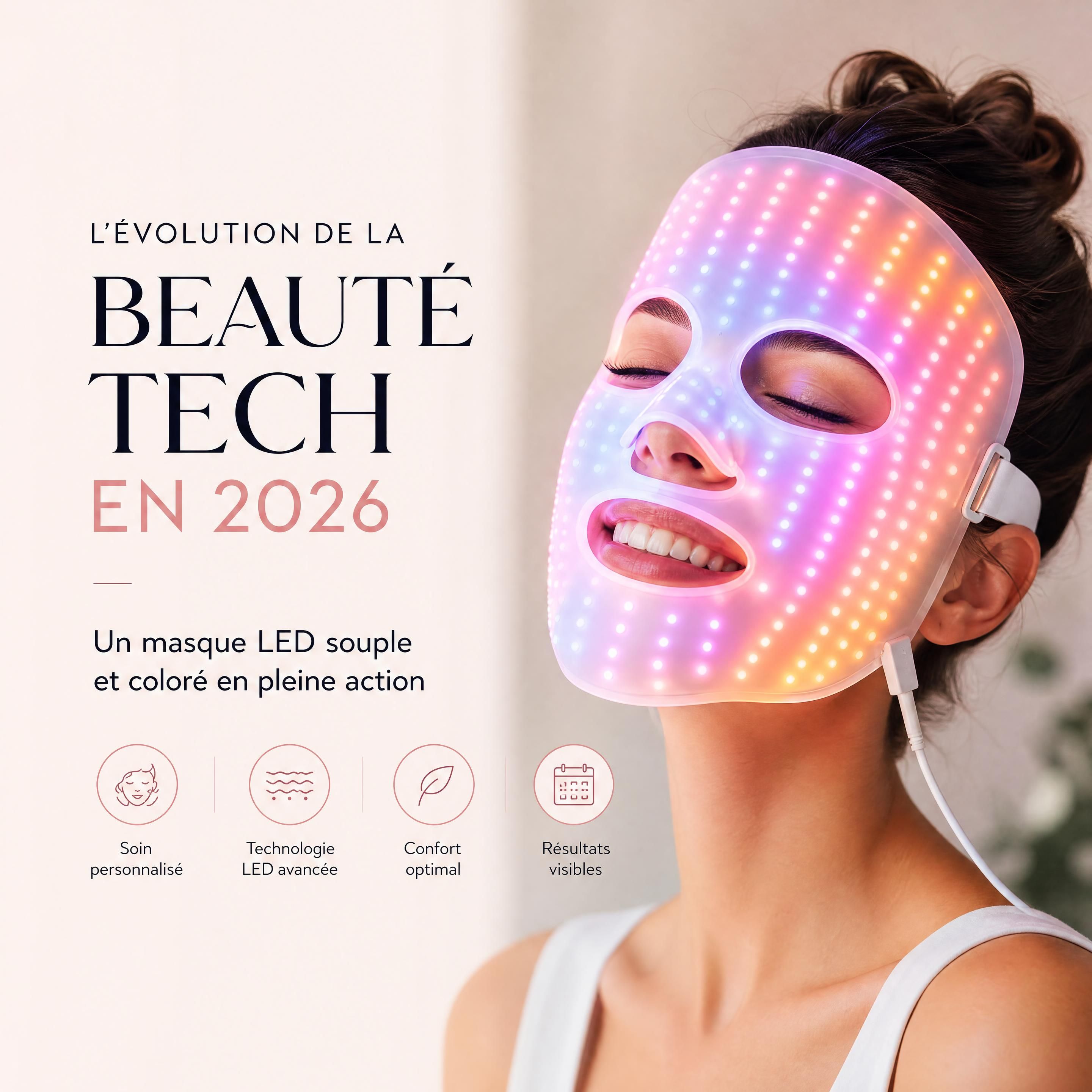 L'évolution de la beauté tech en 2026 : un masque LED souple et coloré en pleine action sur un visage souriant
