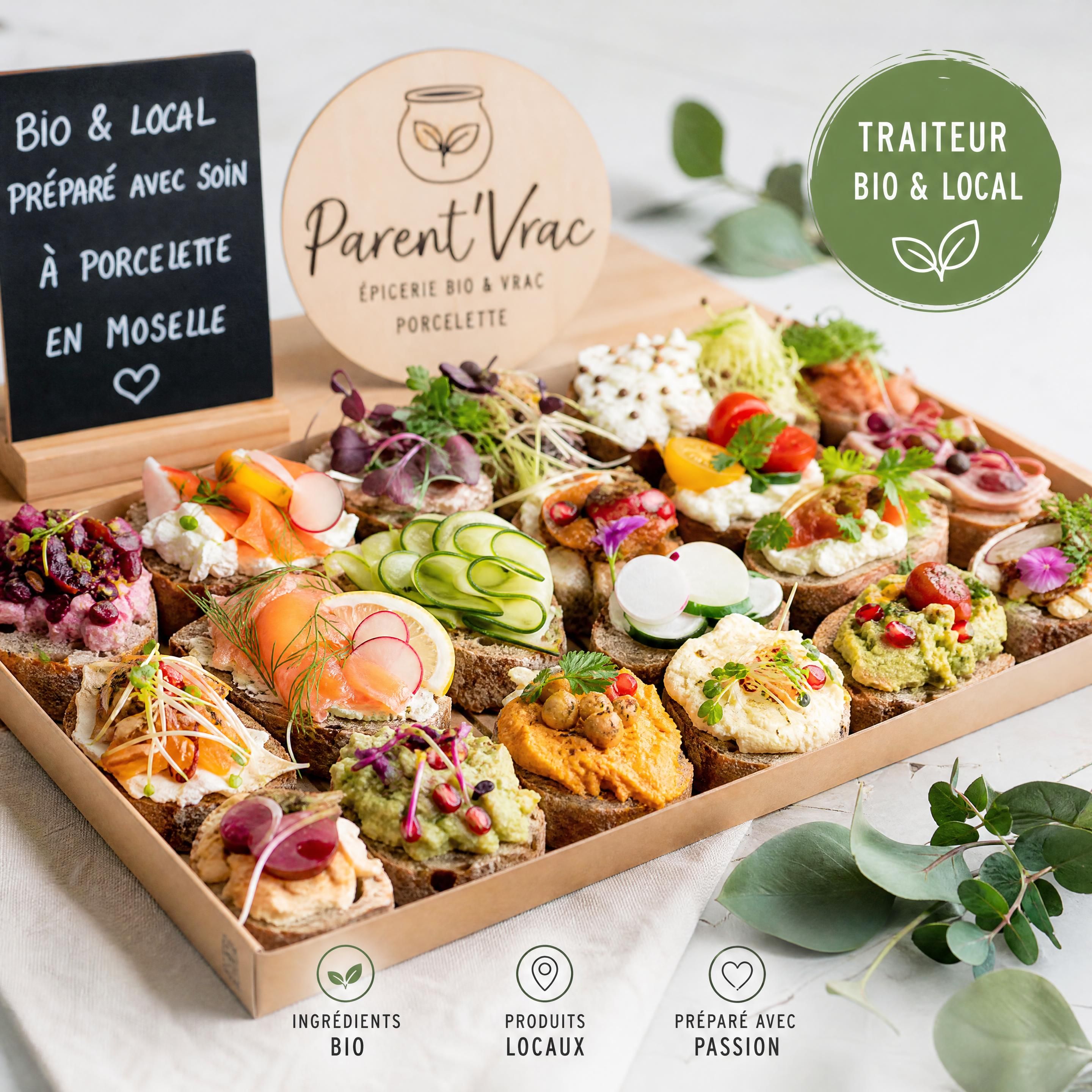 Plateau de toasts traiteur bio et local préparé avec soin par Parent'Vrac à Porcelette en Moselle
