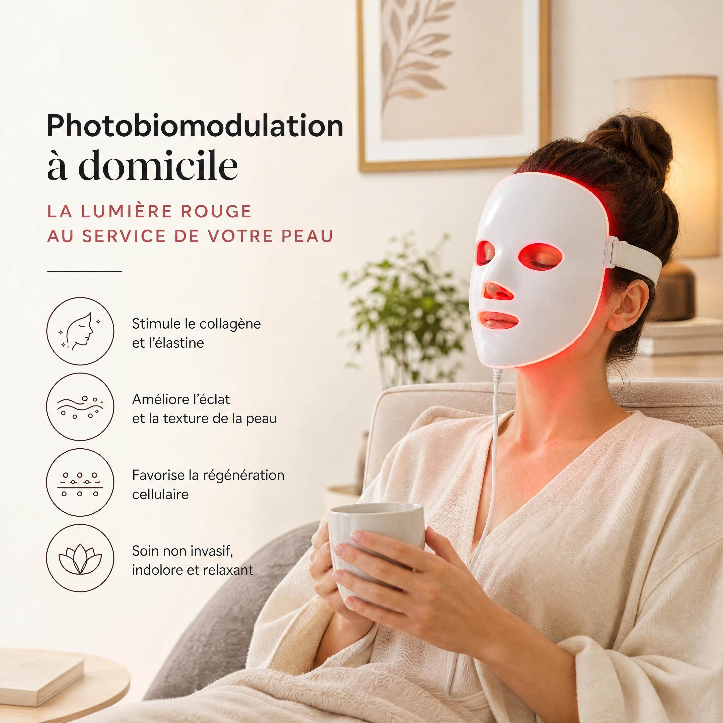 Séance de photobiomodulation à domicile avec un masque LED diffusant une lumière rouge régénératrice