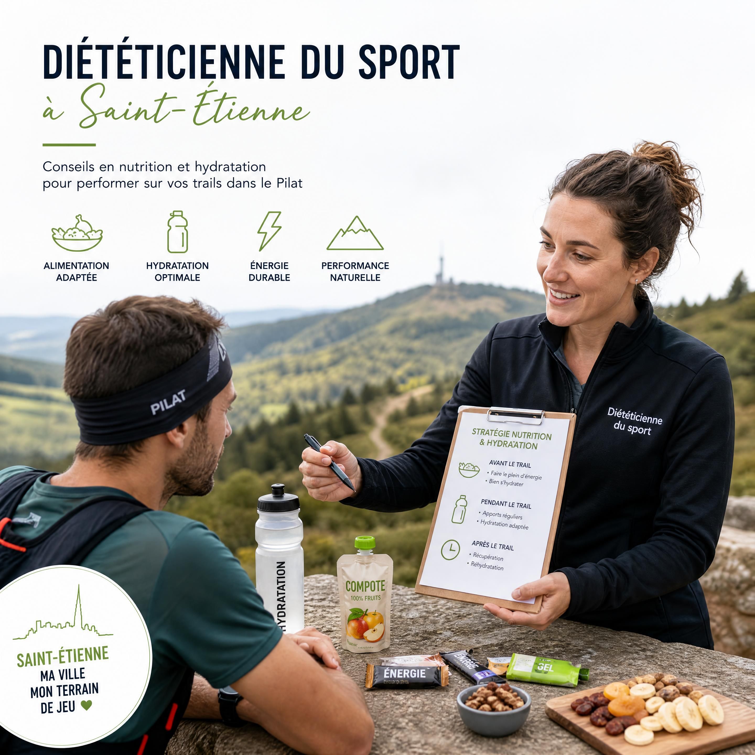 Diététicienne du sport à Saint-Étienne conseillant un coureur de trail dans le Pilat sur sa stratégie d'alimentation et d'hydratation