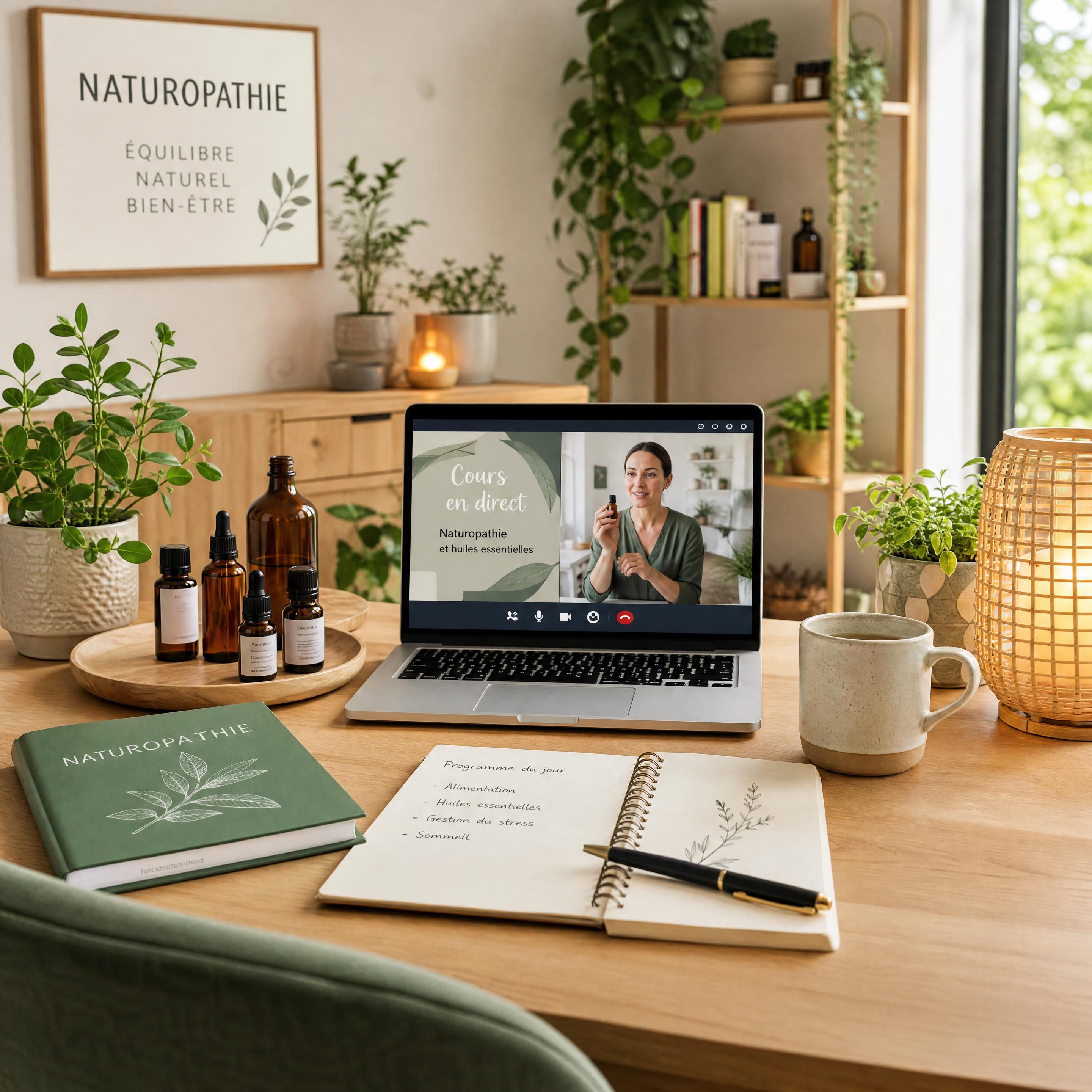Un bureau de naturopathe moderne et chaleureux avec des plantes, des flacons d'huiles essentielles et un ordinateur affichant des cours en direct