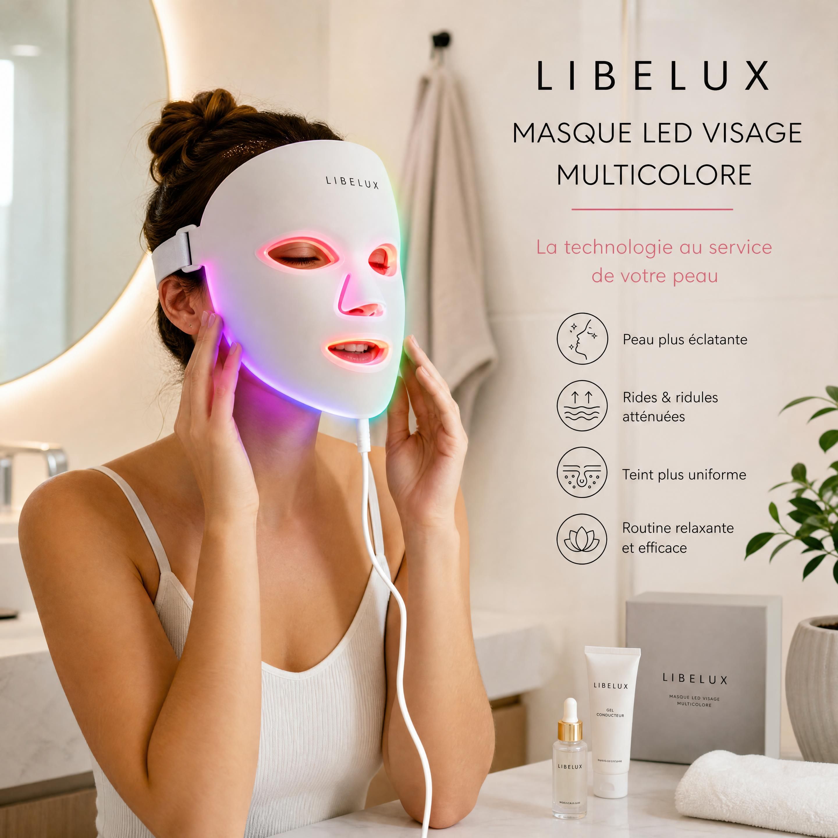 Jeune femme souriante utilisant le masque LED visage multicolore Libelux dans sa salle de bain lumineuse, illustrant une routine de beauté tech moderne et accessible