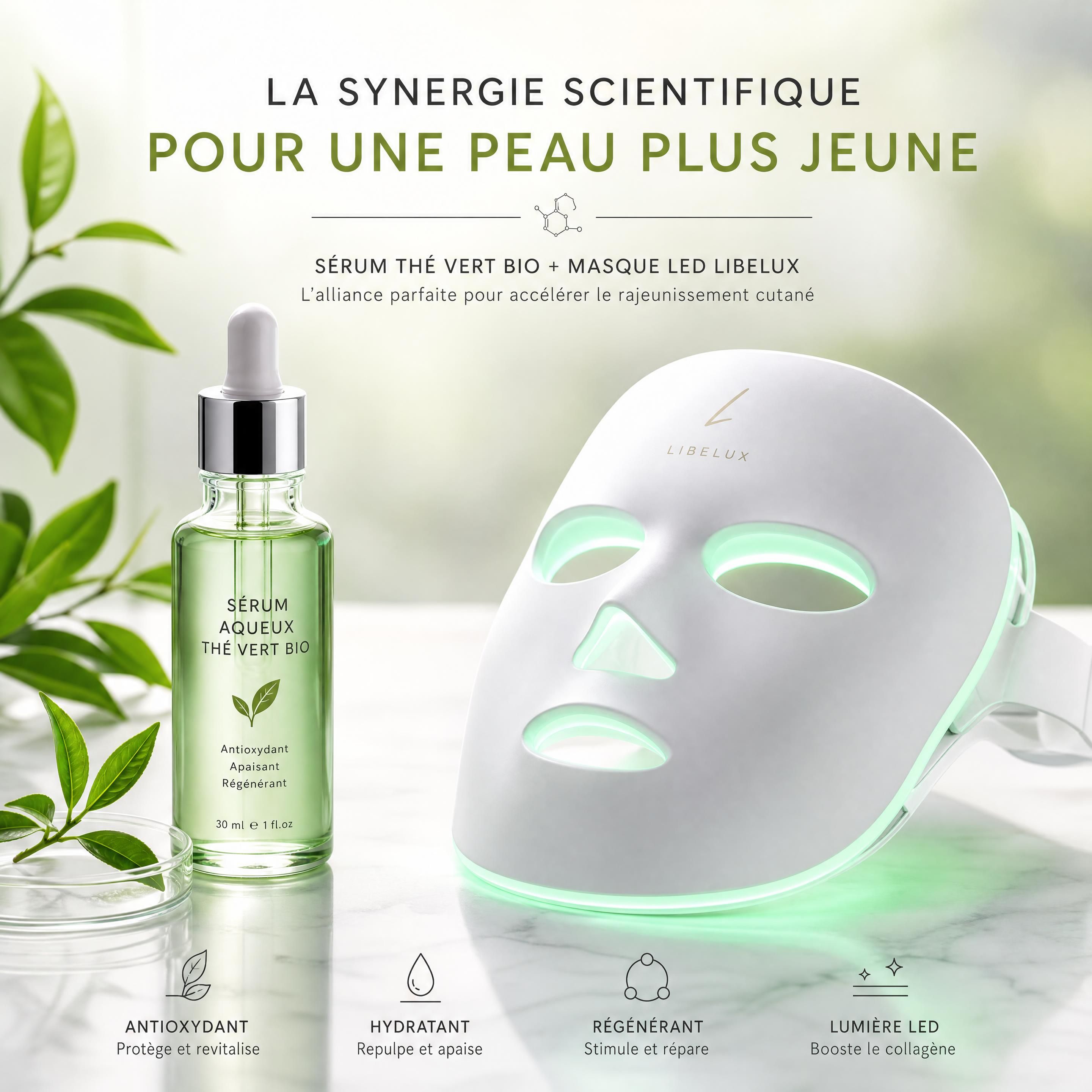Flacon de sérum aqueux au thé vert bio posé à côté du masque LED Libelux, illustrant la synergie scientifique parfaite pour accélérer le rajeunissement cutané