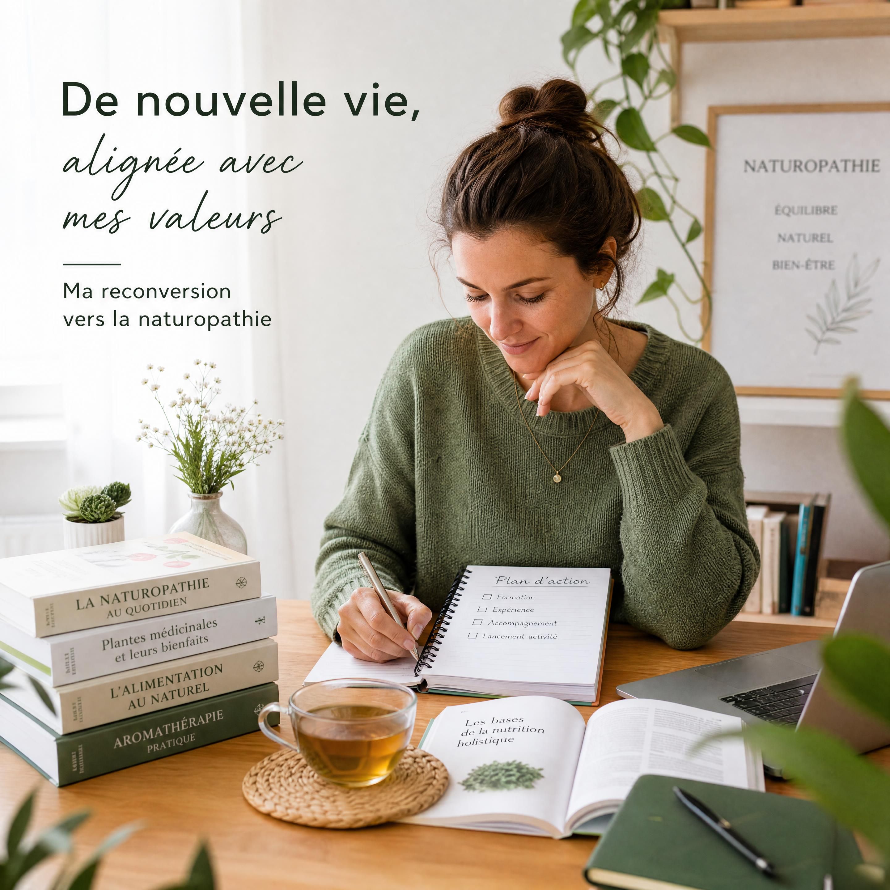 Une future naturopathe en reconversion professionnelle planifiant sa transition de carrière avec une tasse de thé et des livres sur la santé naturelle