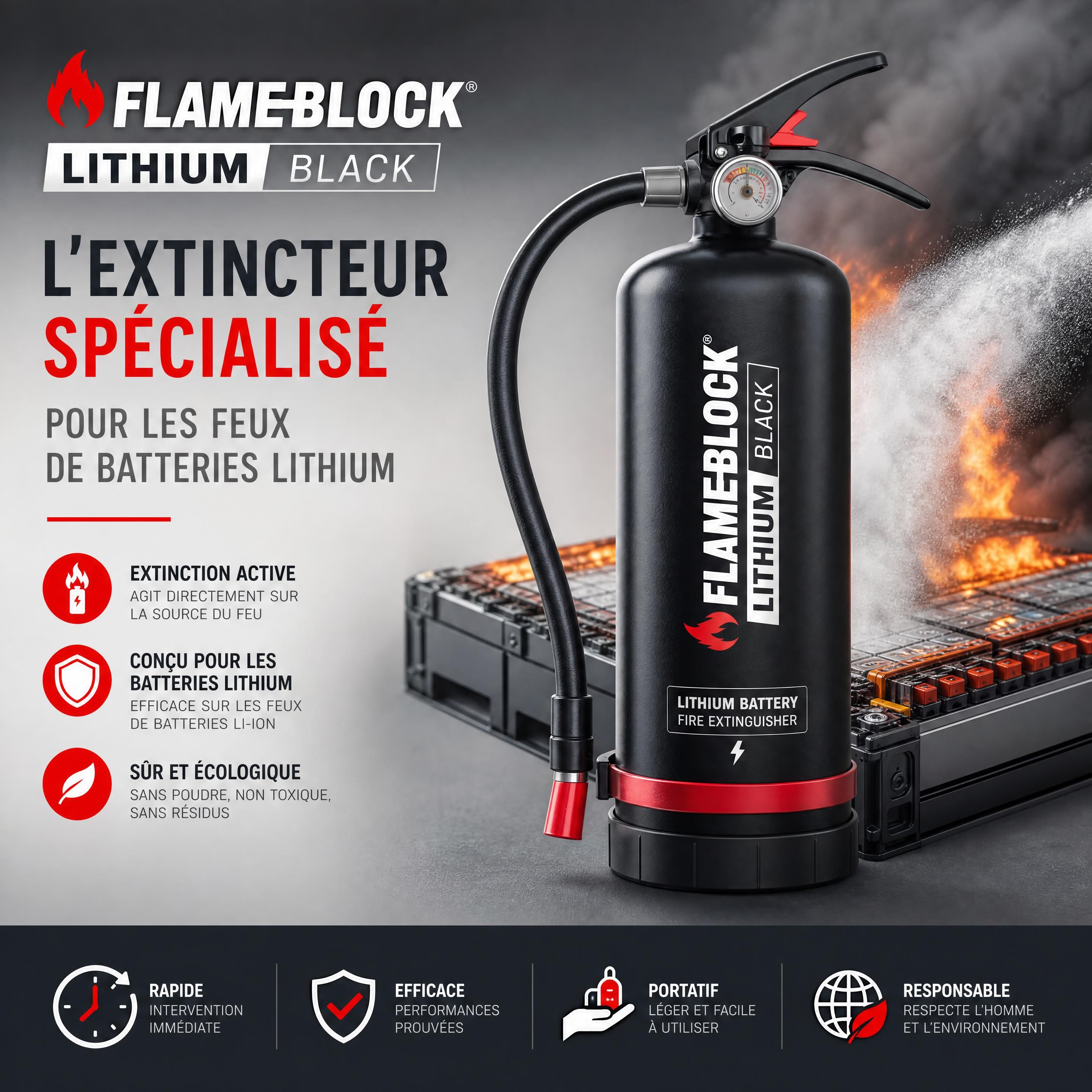 Extincteur portatif FlameBlock Lithium Black pour l'extinction active des feux de batteries